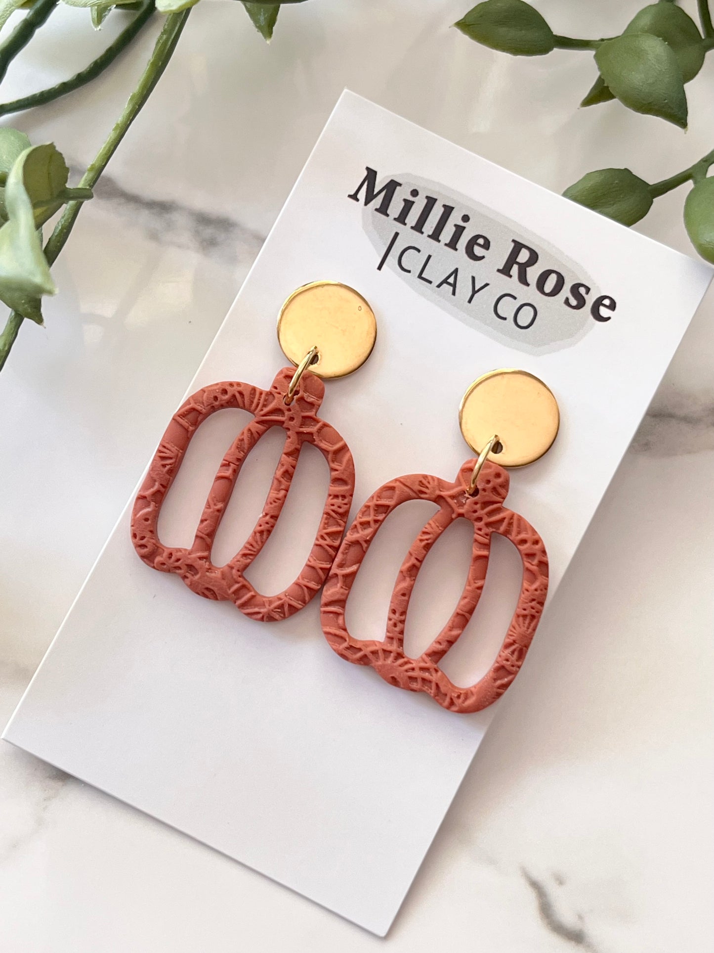 Fall Terracotta Lace Textured Pumpkin Dangle w/ Gold Circle Stud