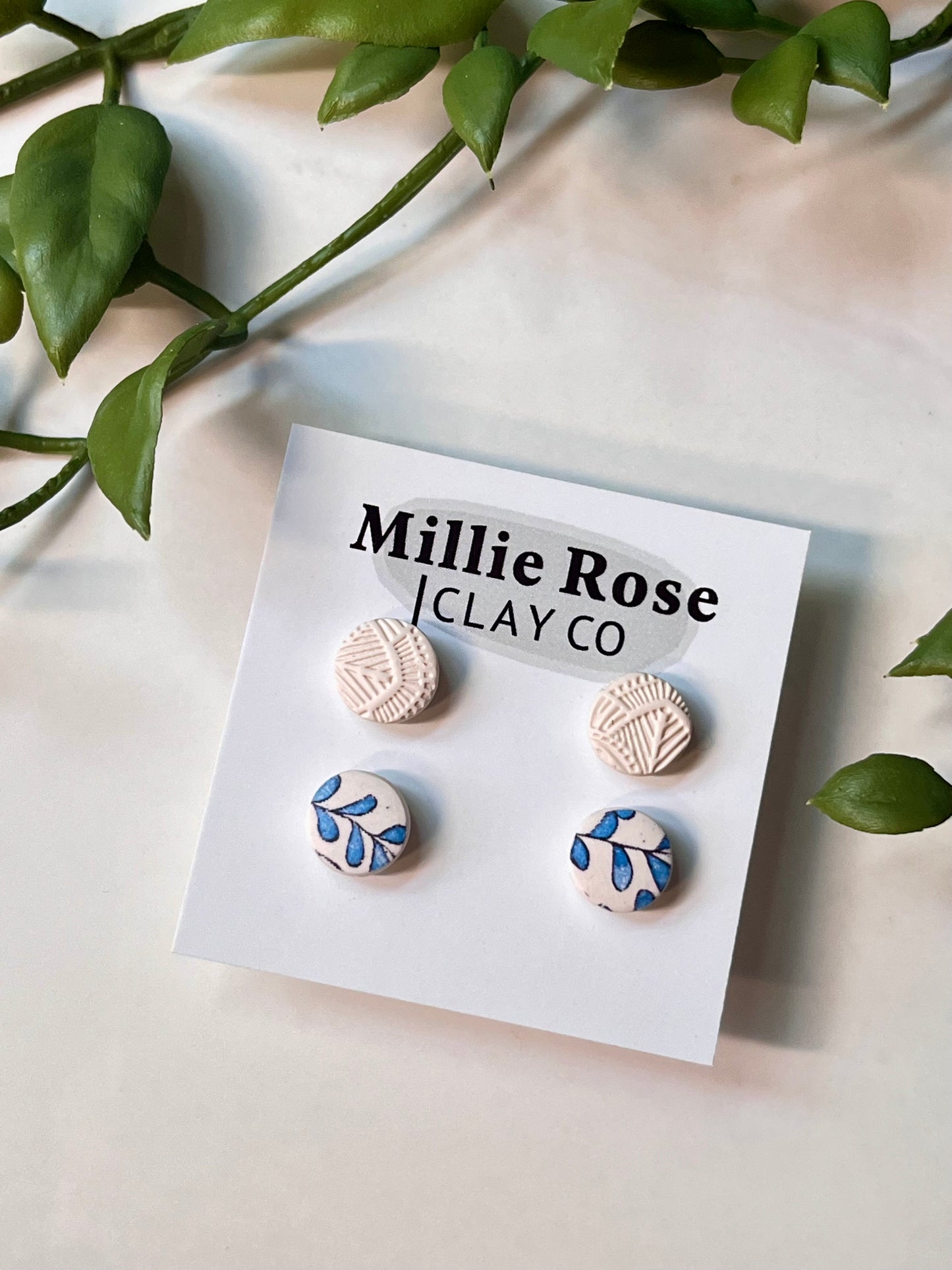 Stud Pack - Blue Vines Circle & Cream Textured Circle