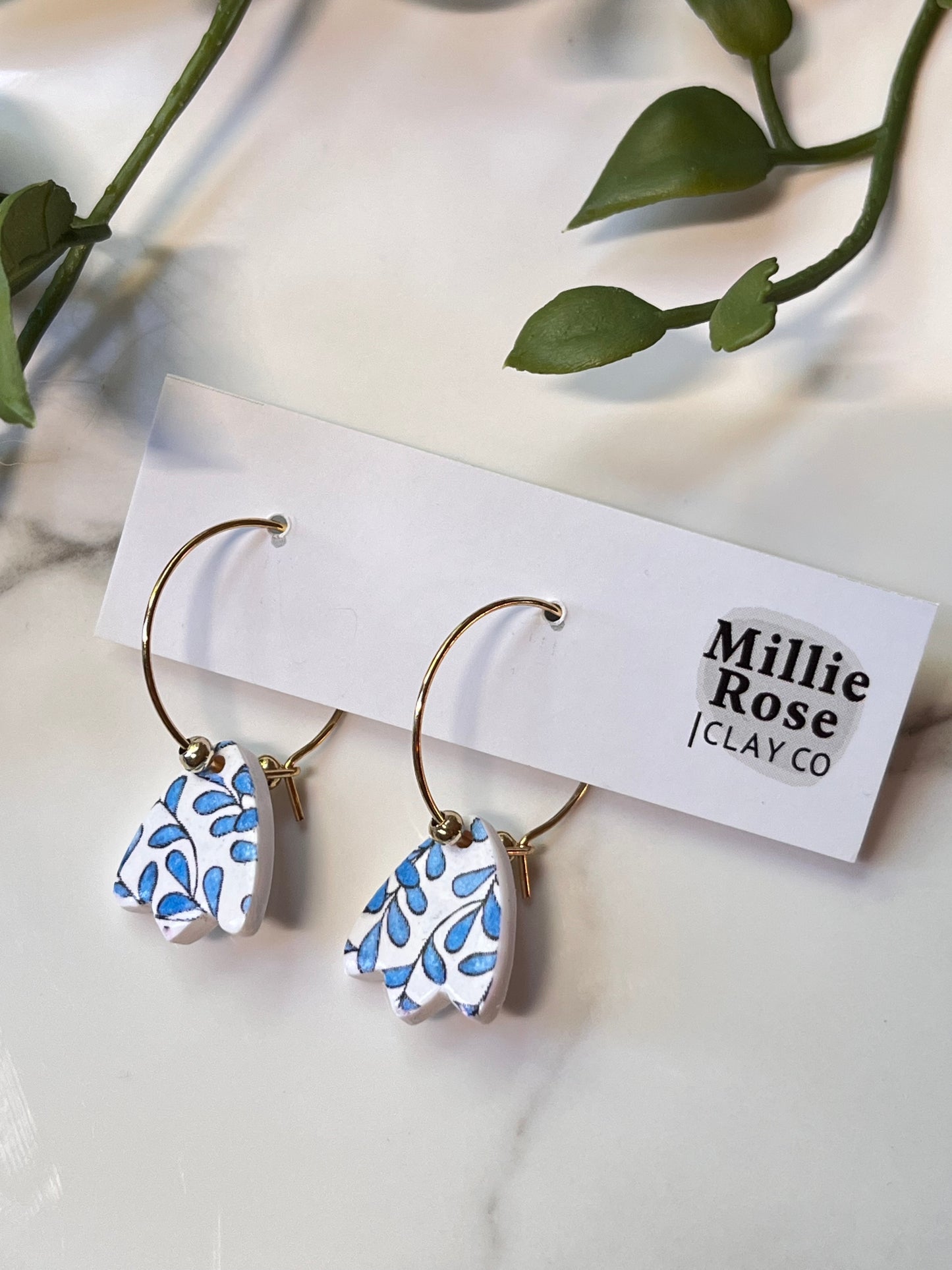 Blue Vines Flower Drop Hoop Dangle (Gold)