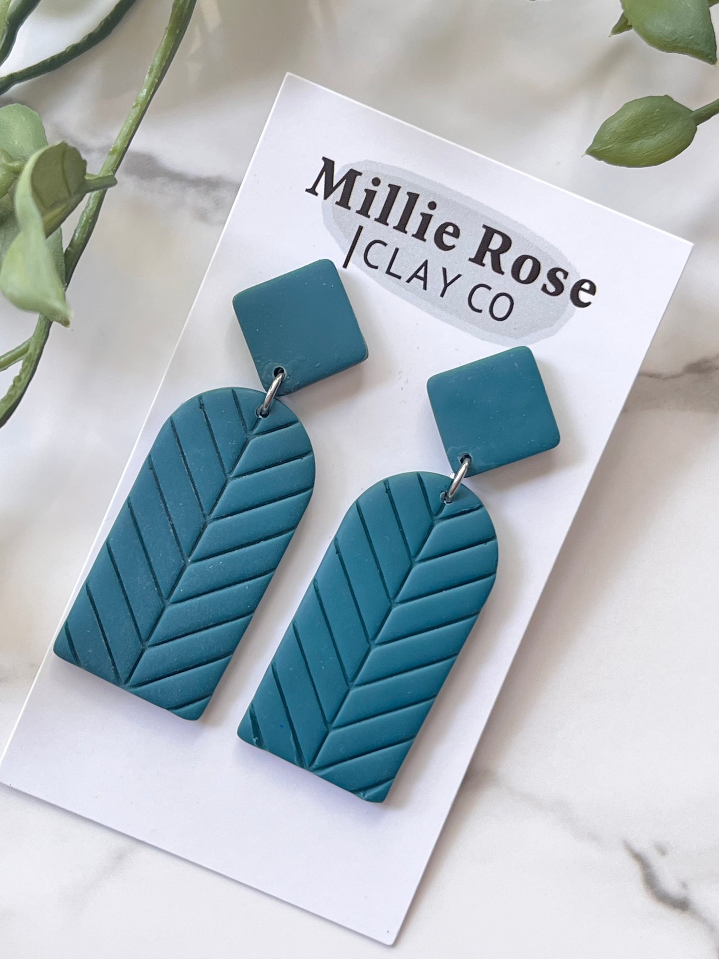 Teal Chevron Dangle w/ Clay Stud (Silver)