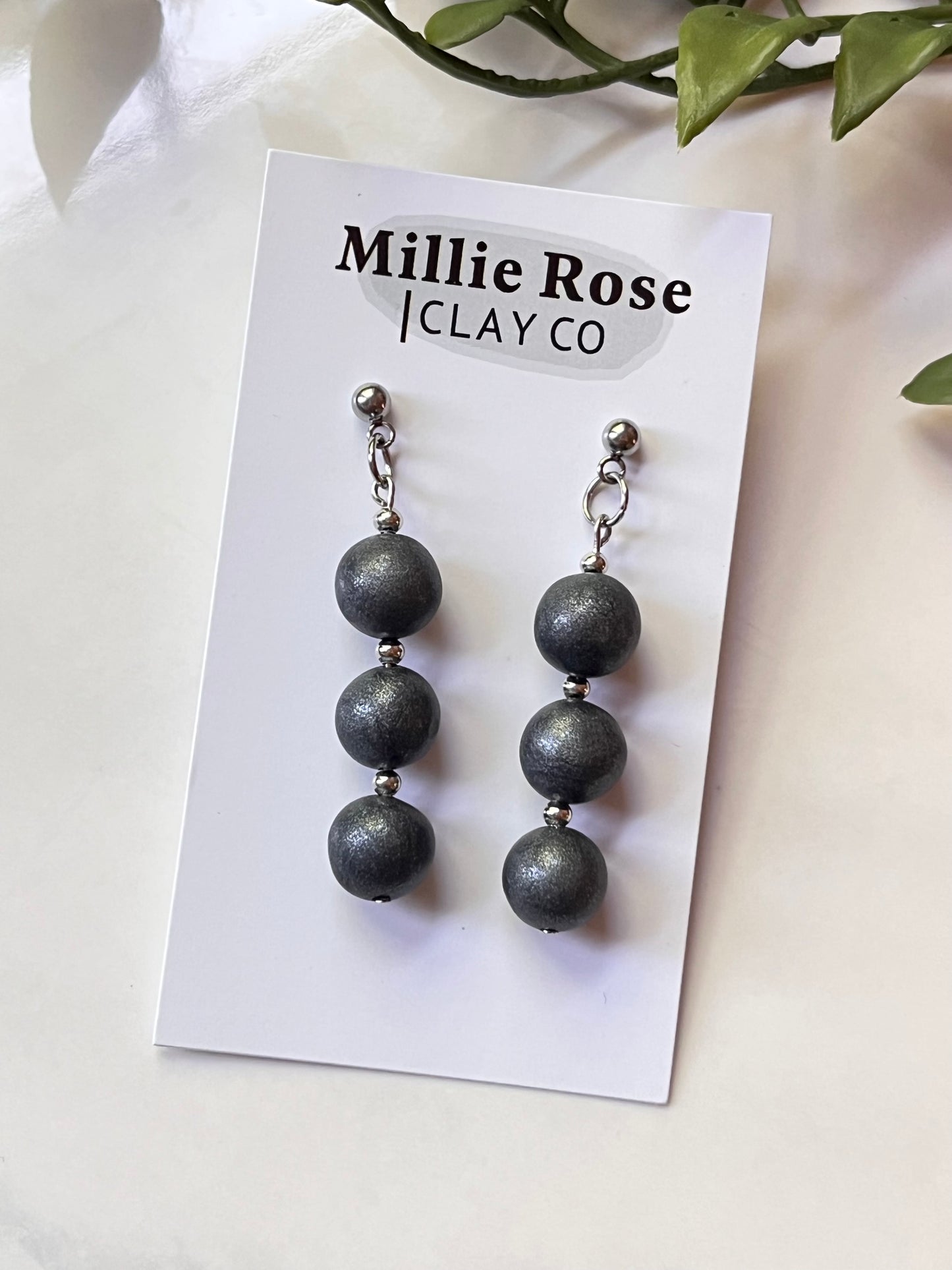 Graphite Clay Beads Dangle w/ Silver Ball Stud