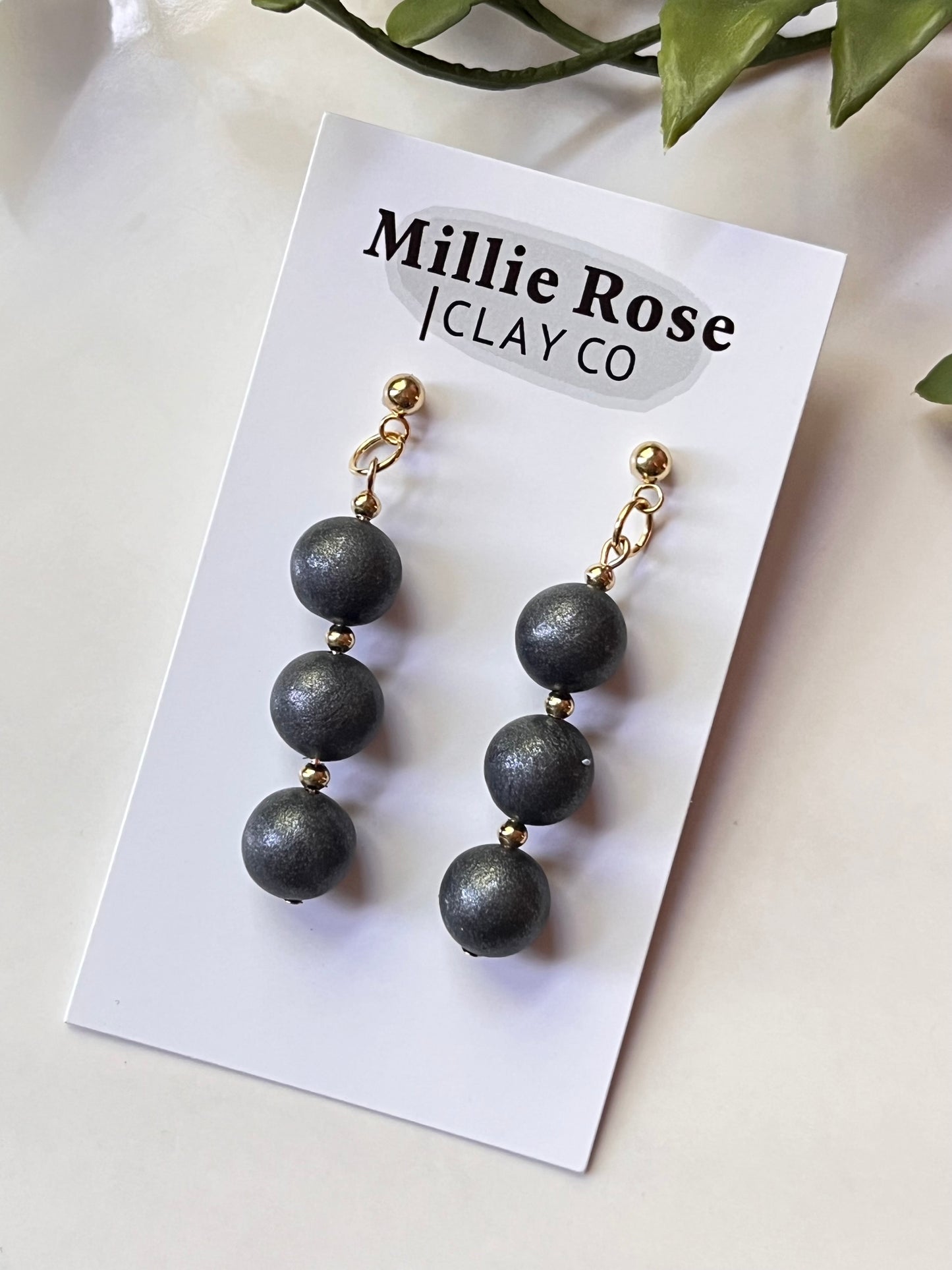 Graphite Clay Beads Dangle w/ Gold Ball Stud
