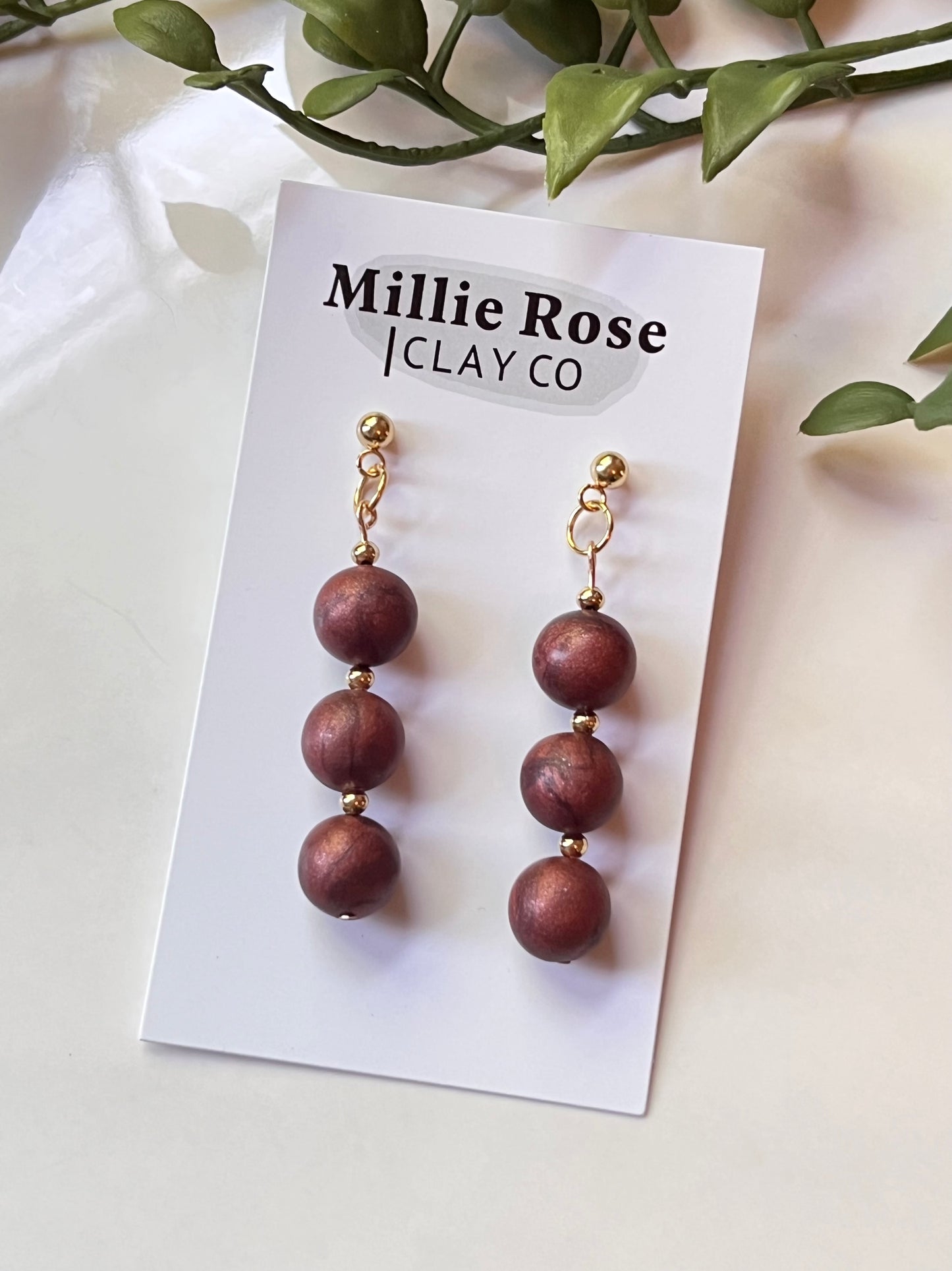 Bronze Clay Beads Dangle w/ Gold Ball Stud