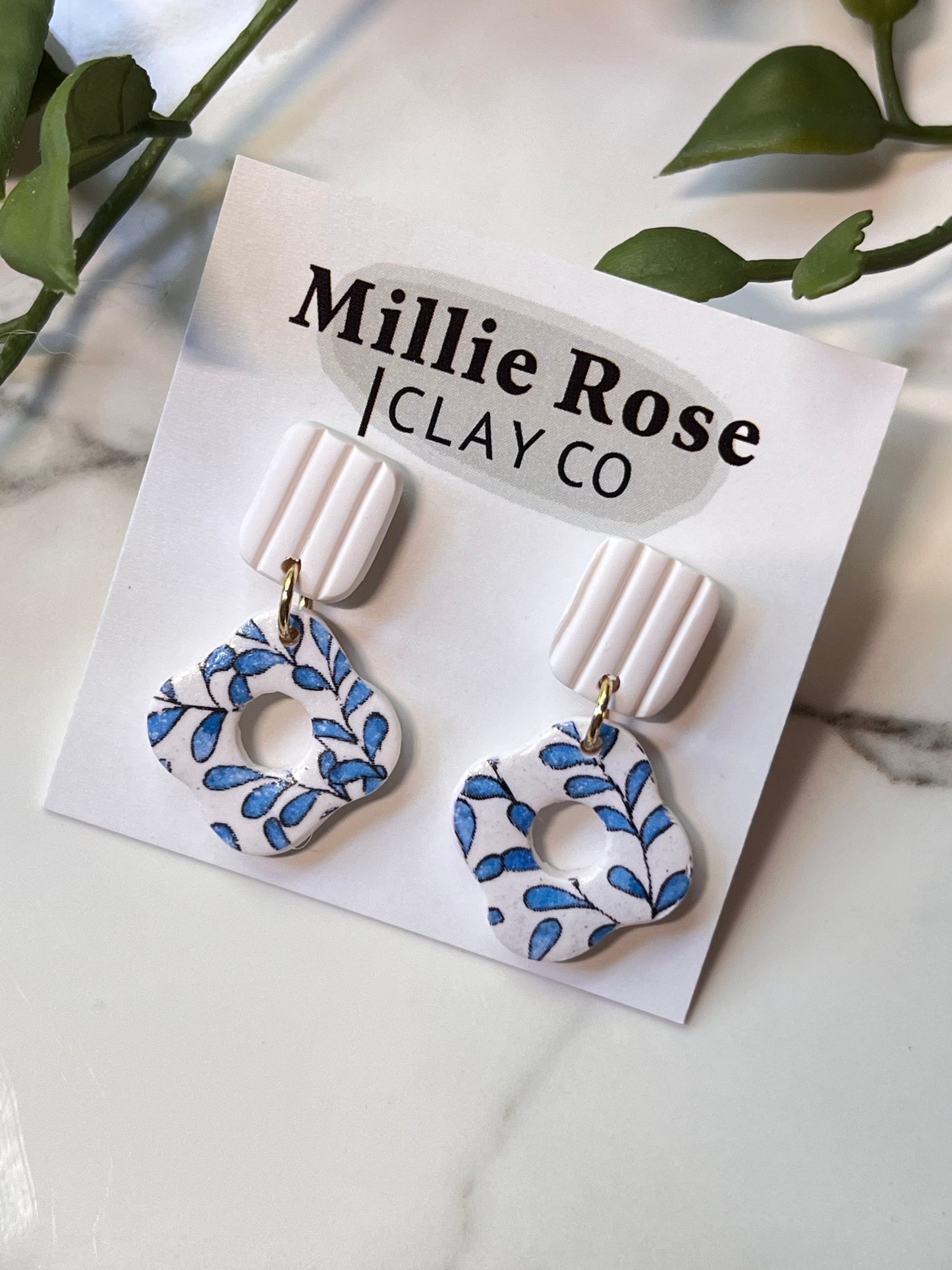 Blue Vines Mini Flower Dangle w/ Clay Stud (Gold)