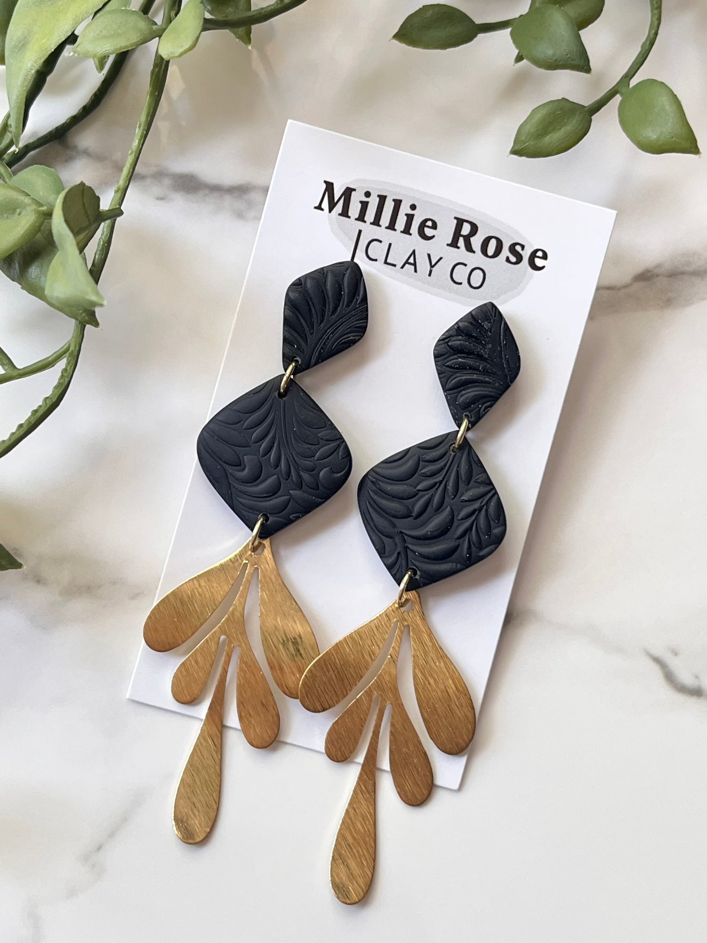 Black Drop Textured Clay Stud Dangle w/ Gold Brass Leaf Charm