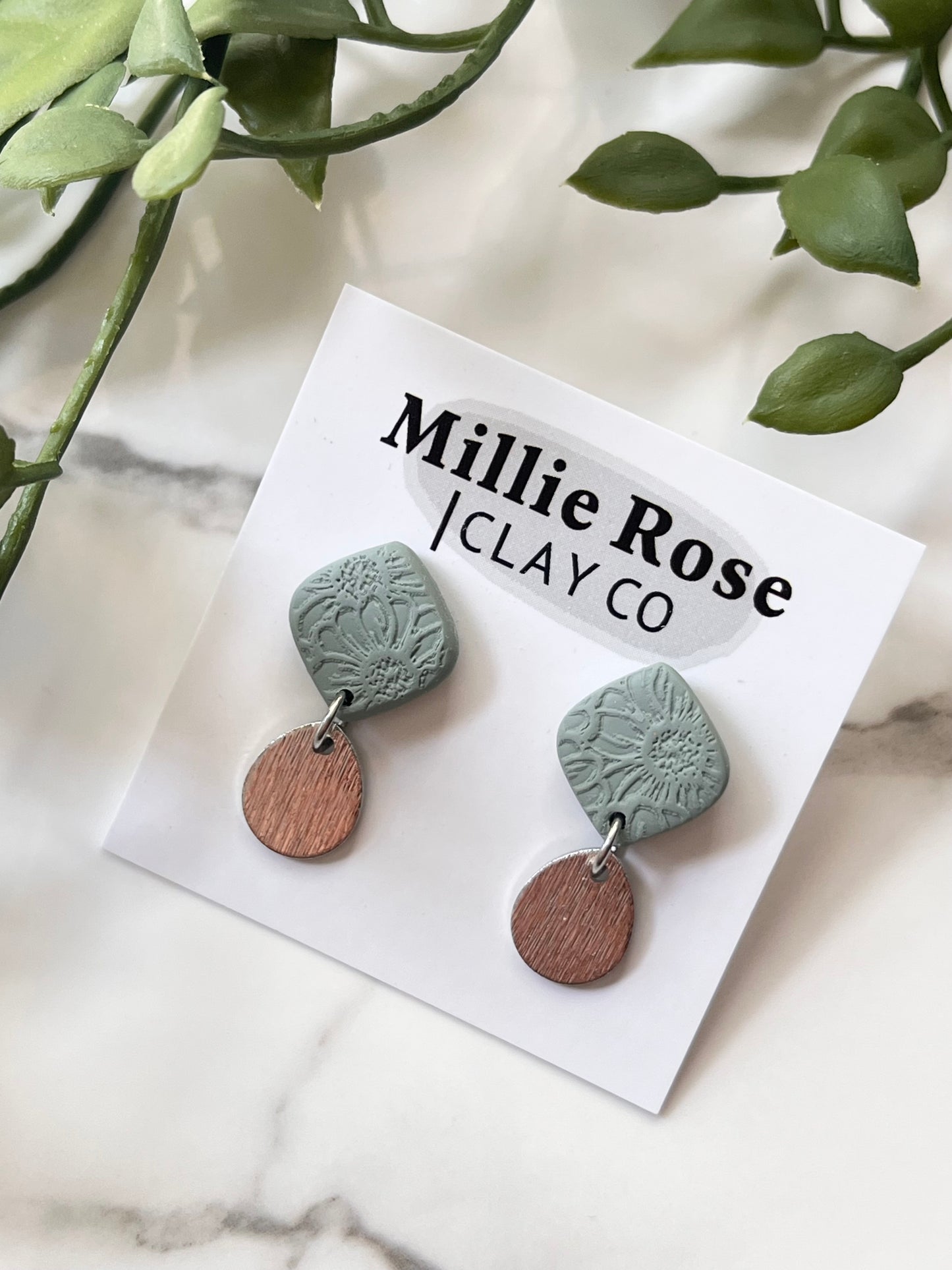 Sage Green Sunflower Textured Mini Diamond Dangle w/ Silver Teardrop Leaf Charm