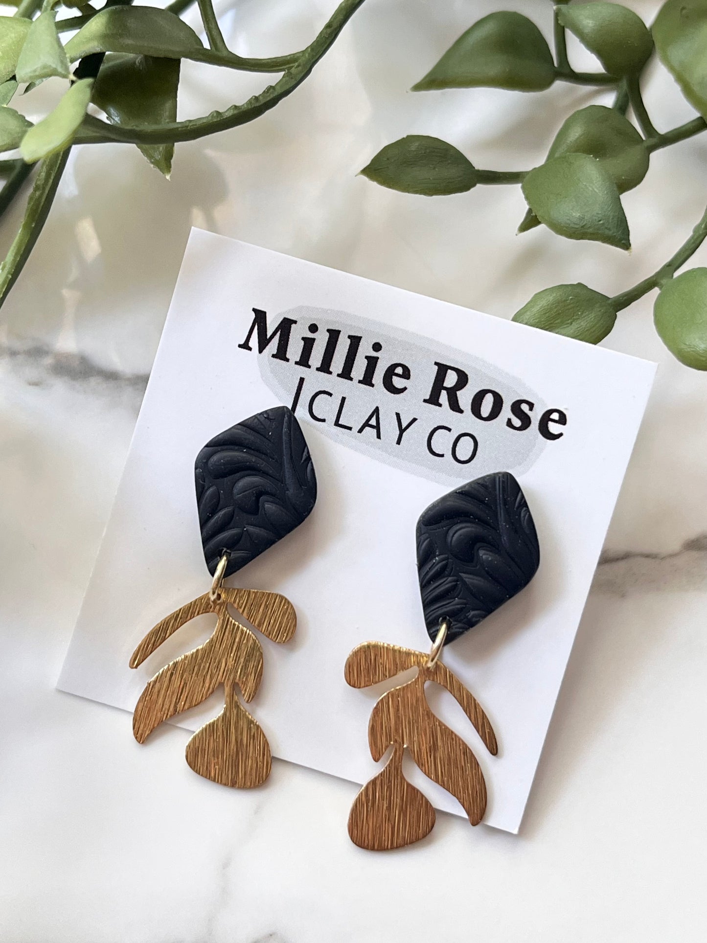 Black Mini Drop Textured Clay Stud Dangle w/ Gold Leaf Charm
