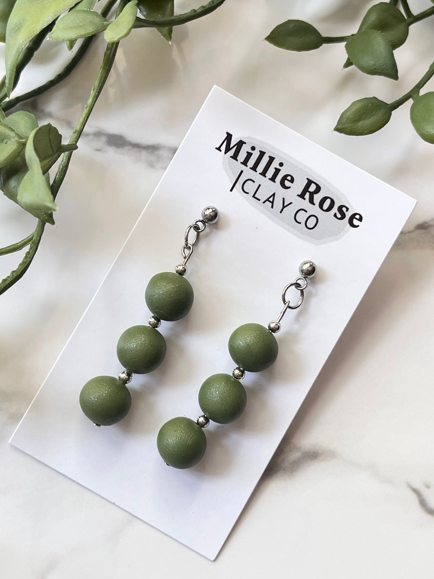 Green Pearl Clay Beads Dangle w/ Silver Ball Stud