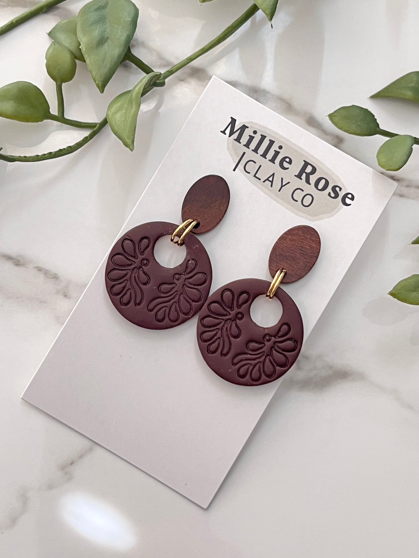 Burnt Umber Embossed Circle Dangle w/ Wood Top