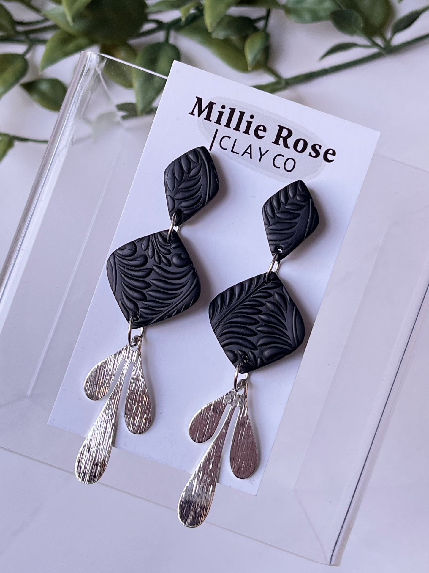 Black Drop Textured Clay Stud Dangle w/ Silver Brass Leaf Charm
