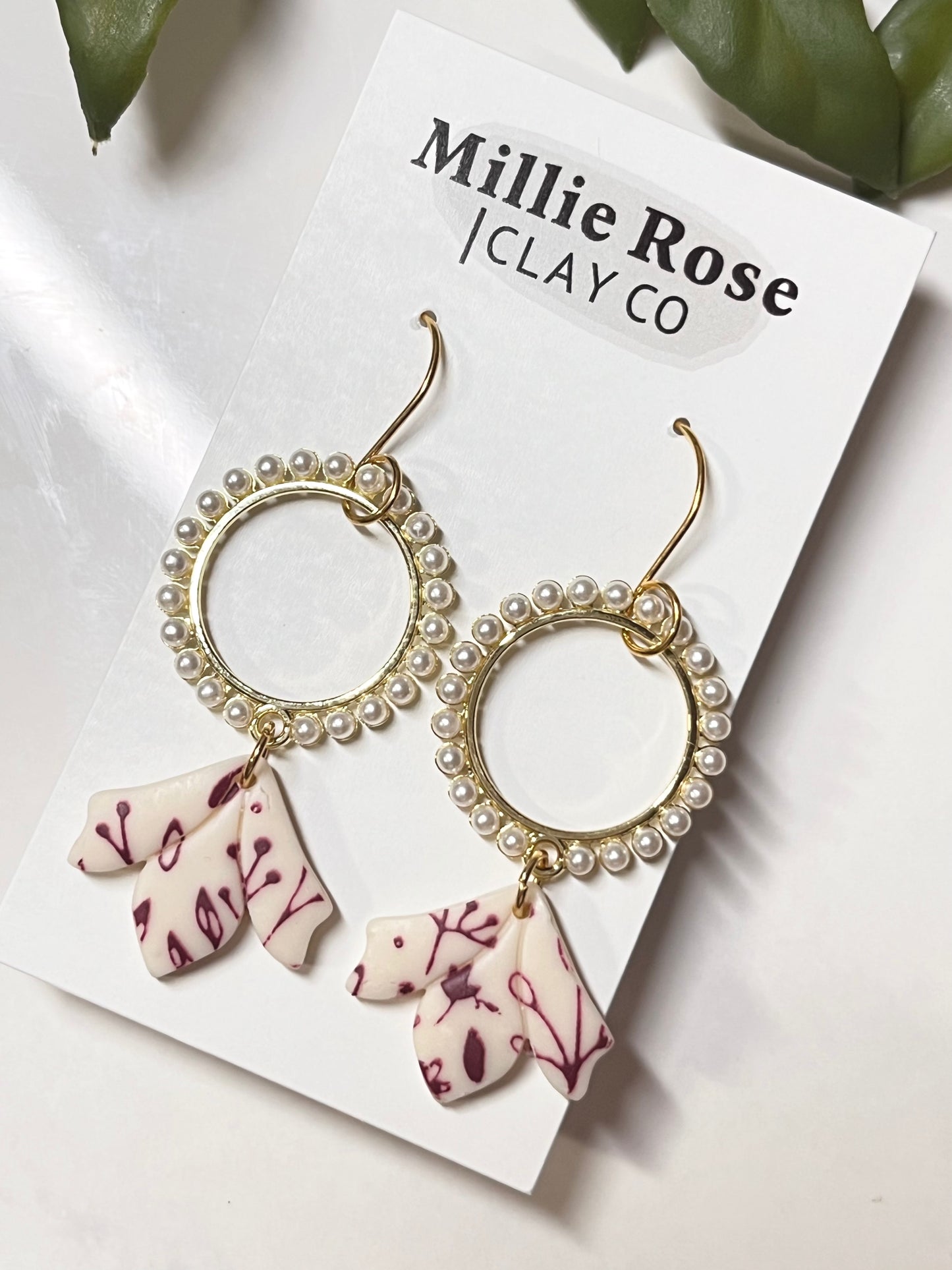 Pearl Charm Burgundy Leaf Drop Dangle