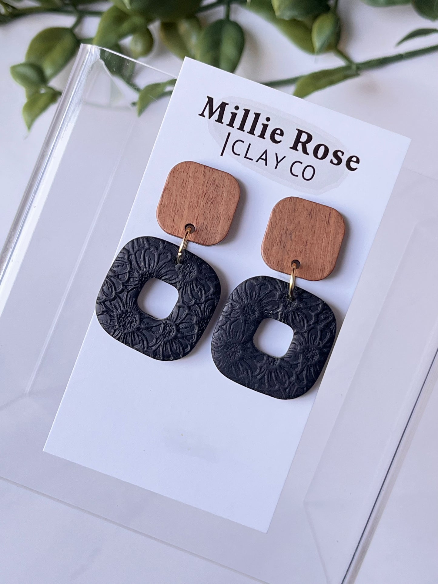 Black Sunflower Texture Square Dangle w/ Wood Top Stud (Gold)