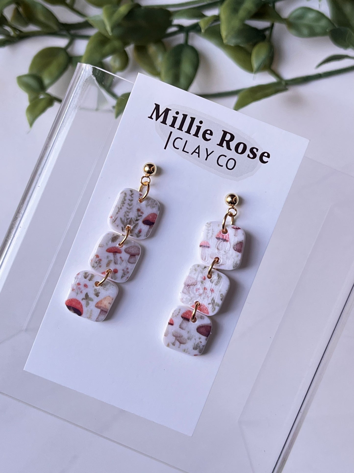 Triple Squares Mushroom Pattern Dangle w/ Gold Ball Stud Post