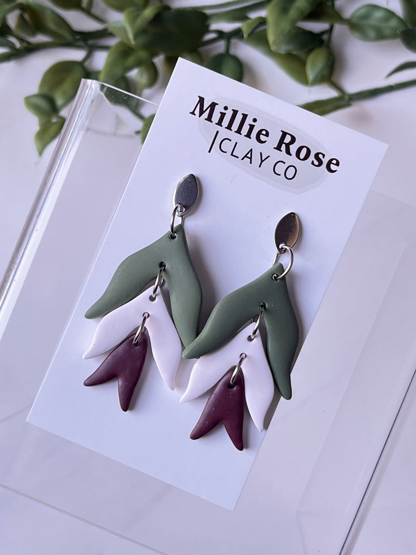 Tulip Drop Dangle w/ Silver Teardrop Stud (Green/Cream/Burgundy)