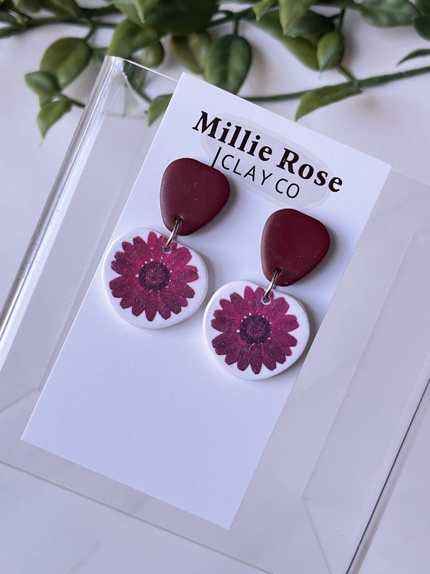 Pressed Flower Clay Stud Dangle w/ Silver (Burgundy)