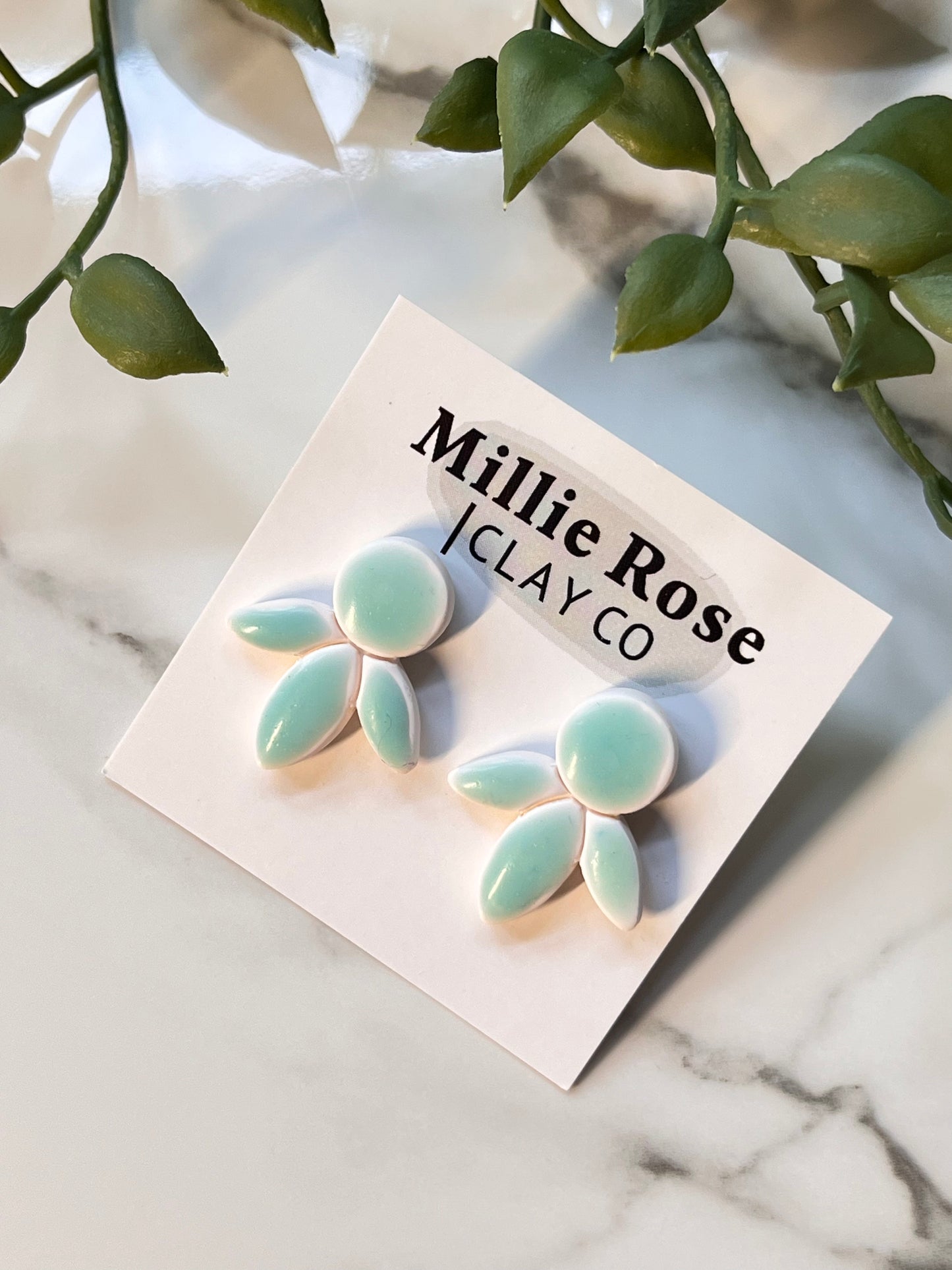 Glazed Sea foam Green Floral Drop Oversized Stud