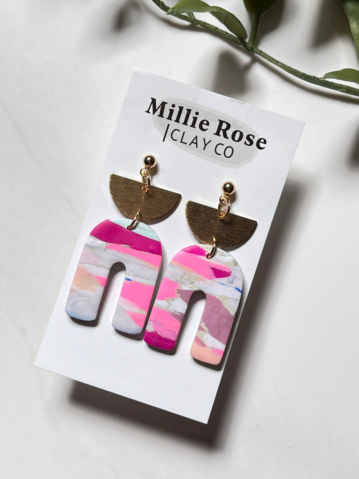 Bright Marbled Dangle w/ Gold Semi Circle Brass Charm