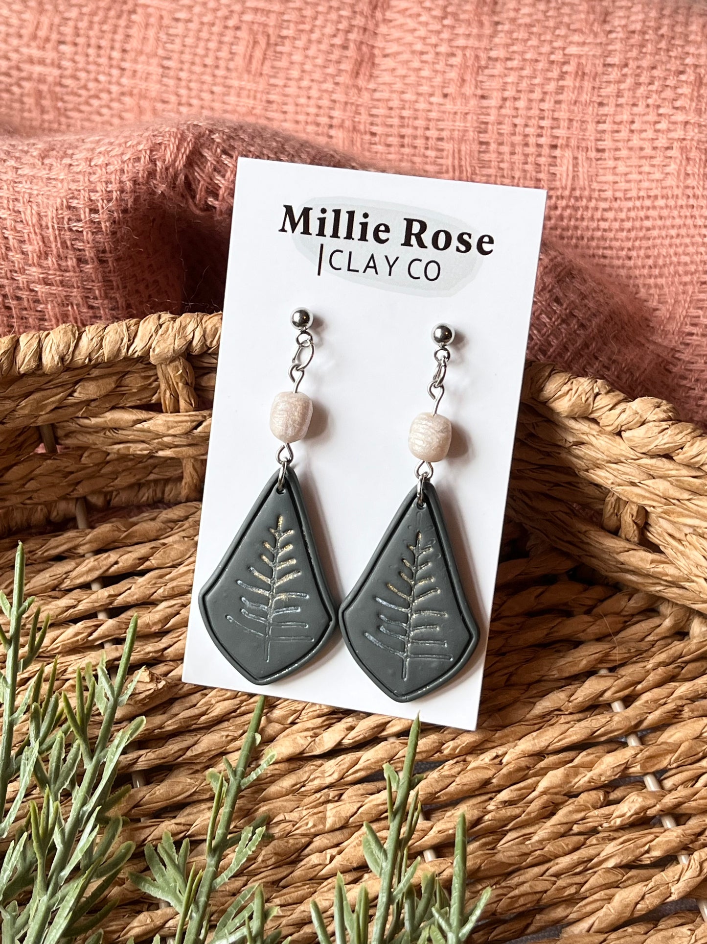 Deep Green Tree Imprint Teardrop Dangle w/ Clay Pearl (Silver)