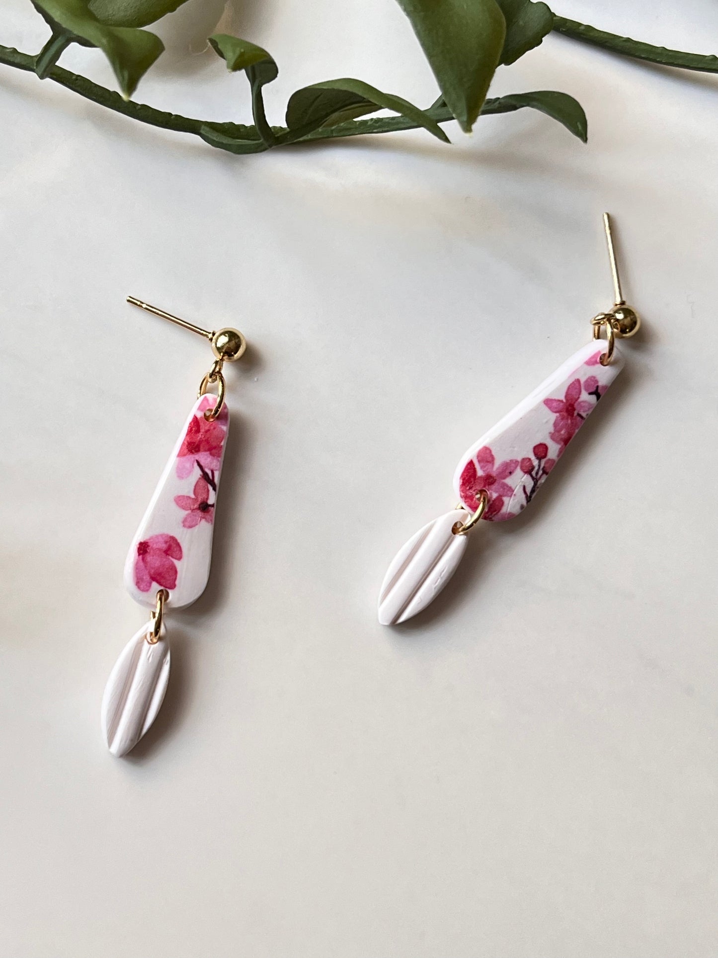 Cherry Blossom Leaf Dangle w/ Gold Ball Stud