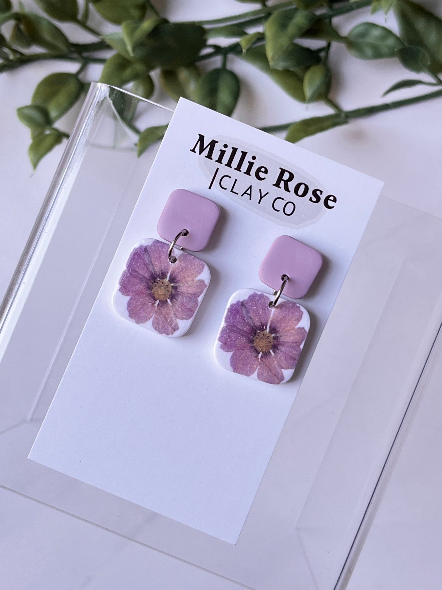 Pressed Flower Clay Stud Dangle w/ Silver (Mauve)