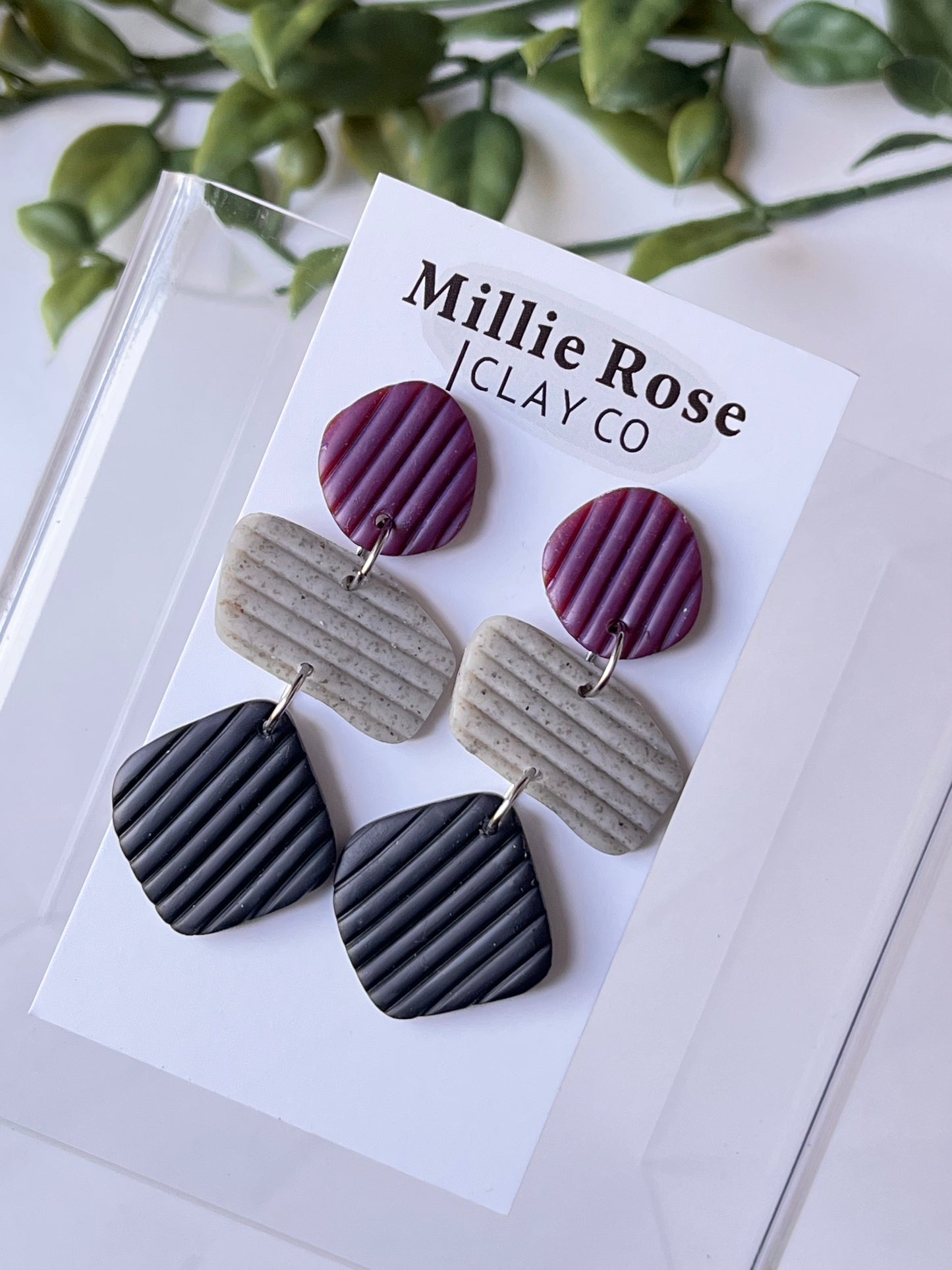 Organic Shapes Clay Stud Dangle (Burgundy/Gray Granite/Black w/ Silver)