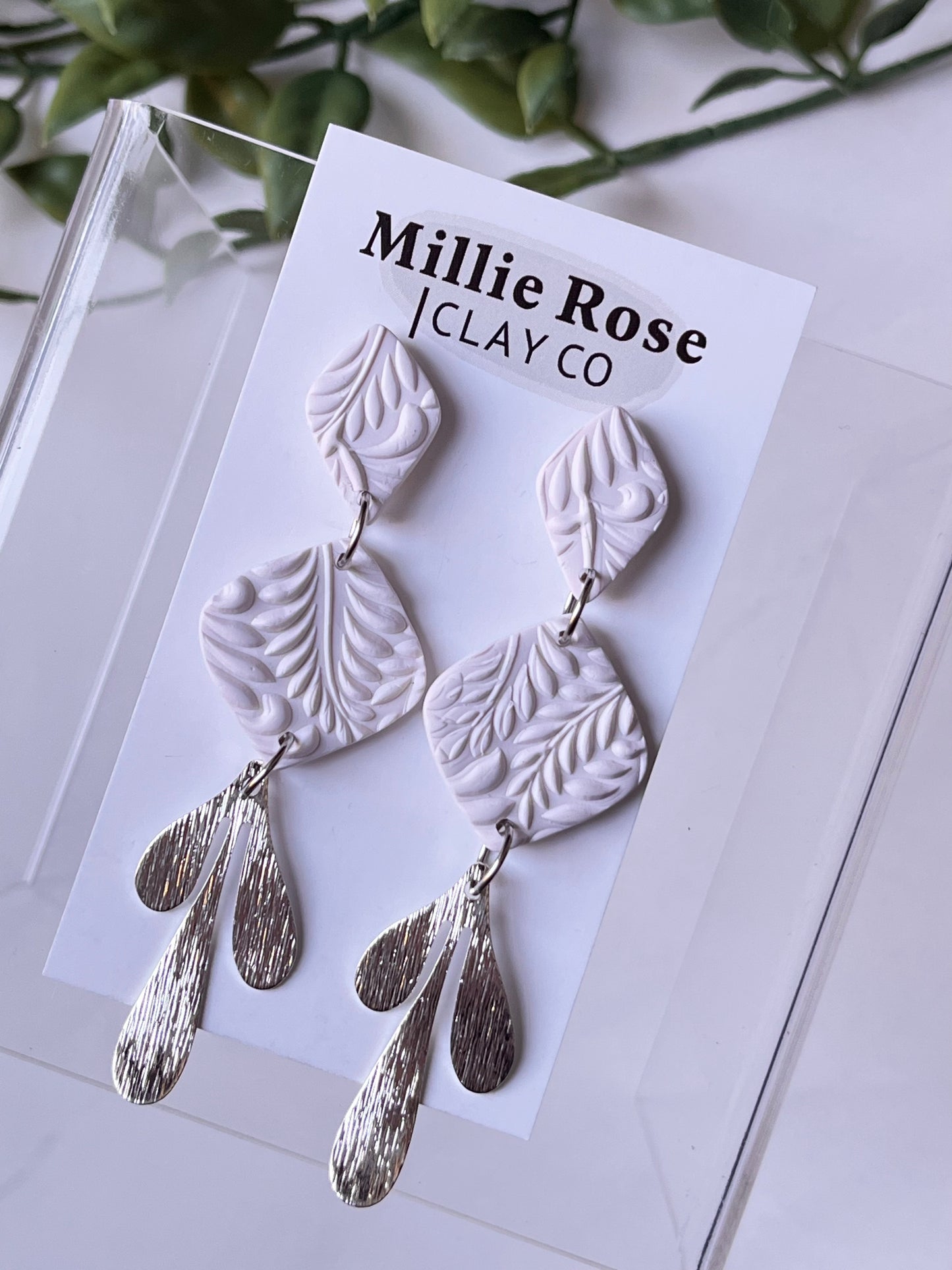 Cream Drop Textured Clay Stud Dangle w/ Silver Brass Leaf Charm