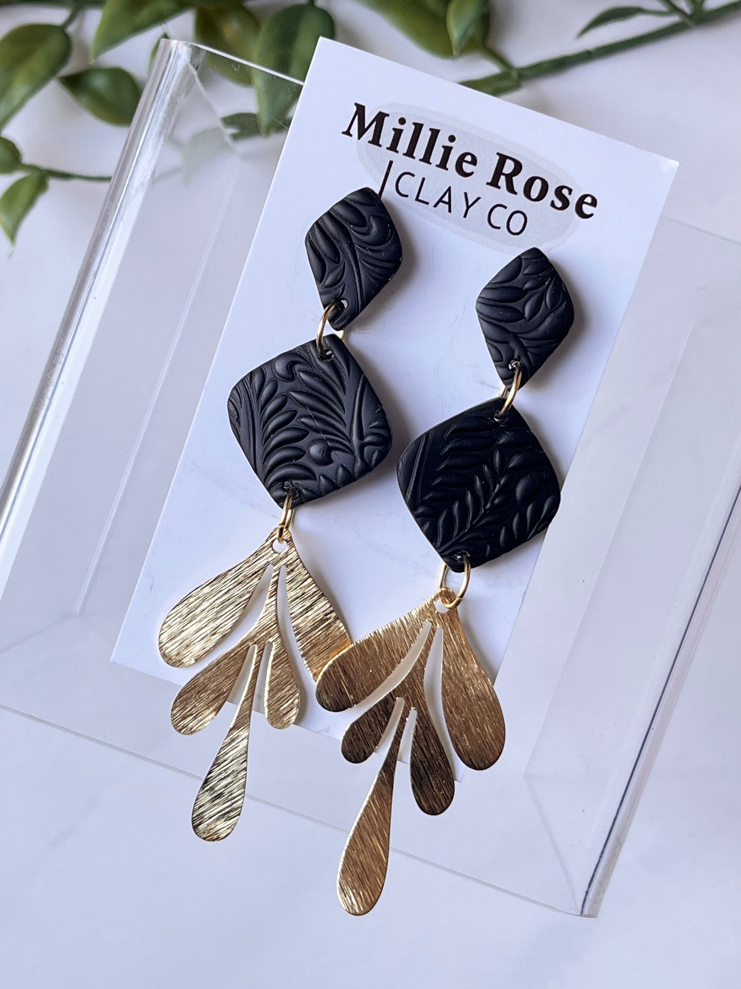 Black Drop Textured Clay Stud Dangle w/ Gold Brass Leaf Charm