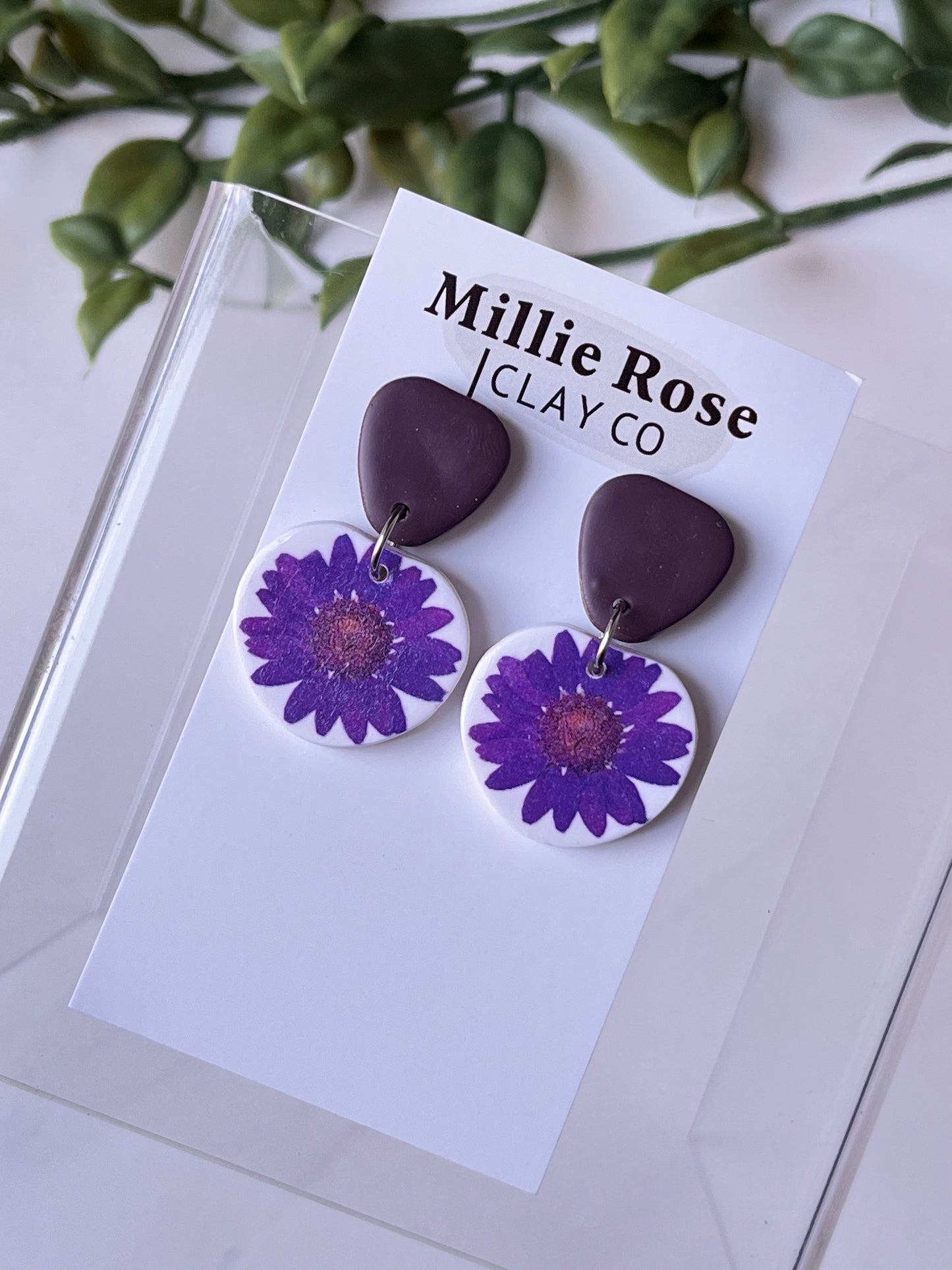 Pressed Flower Clay Stud Dangle w/ Silver (Purple)