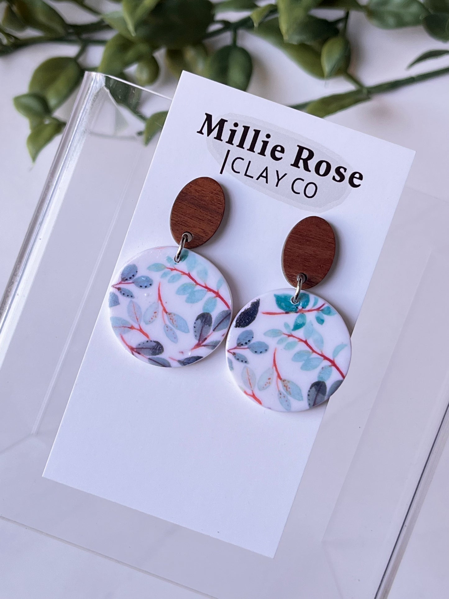 Circle Greens Pattern Dangle w/ Oval Wood Top Stud (Silver)