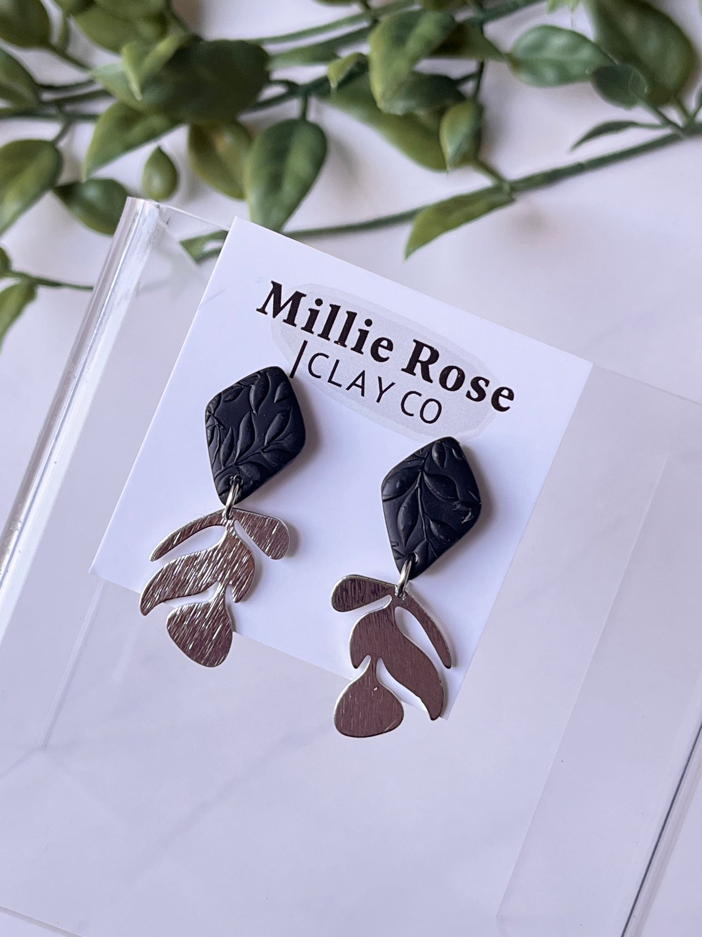 Black Mini Drop Textured Clay Stud Dangle w/ Silver Brass Charm