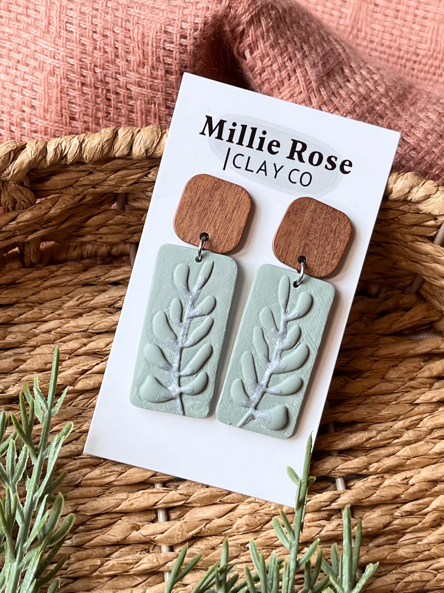 Sage Green Embossed Rectangle Dangle w/ Wood Square Stud (Silver)