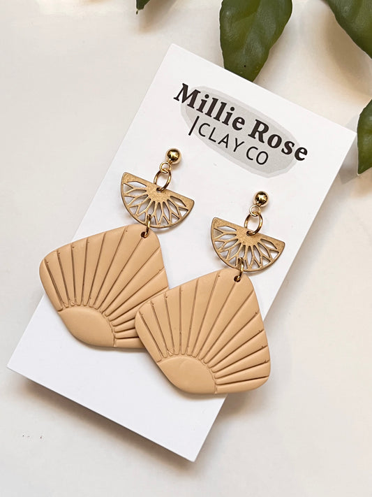 Ecru Embossed Organic Triangle Dangle w/ Gold Semi Circle Charm