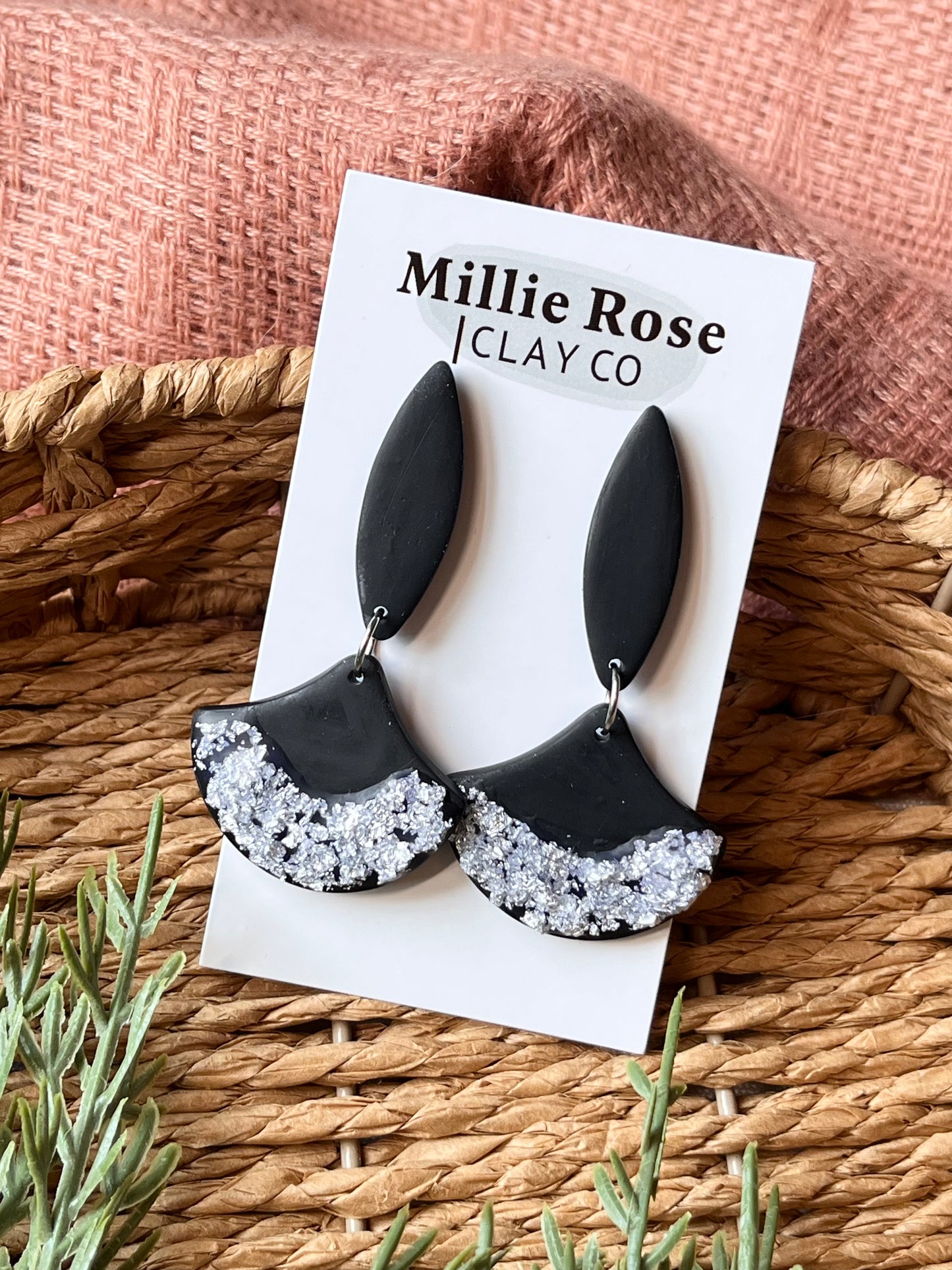 Black Silver Leaf Textured Elongated Teardrop Dangle