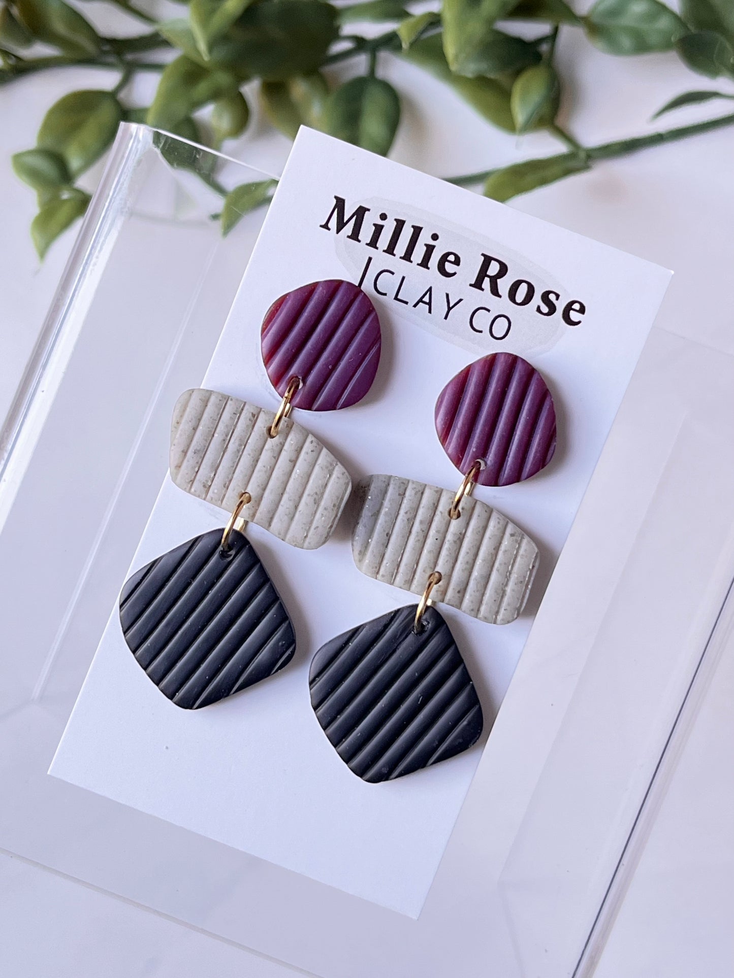 Organic Shapes Clay Stud Dangle (Burgundy/Gray Granite/Black w/ Gold)