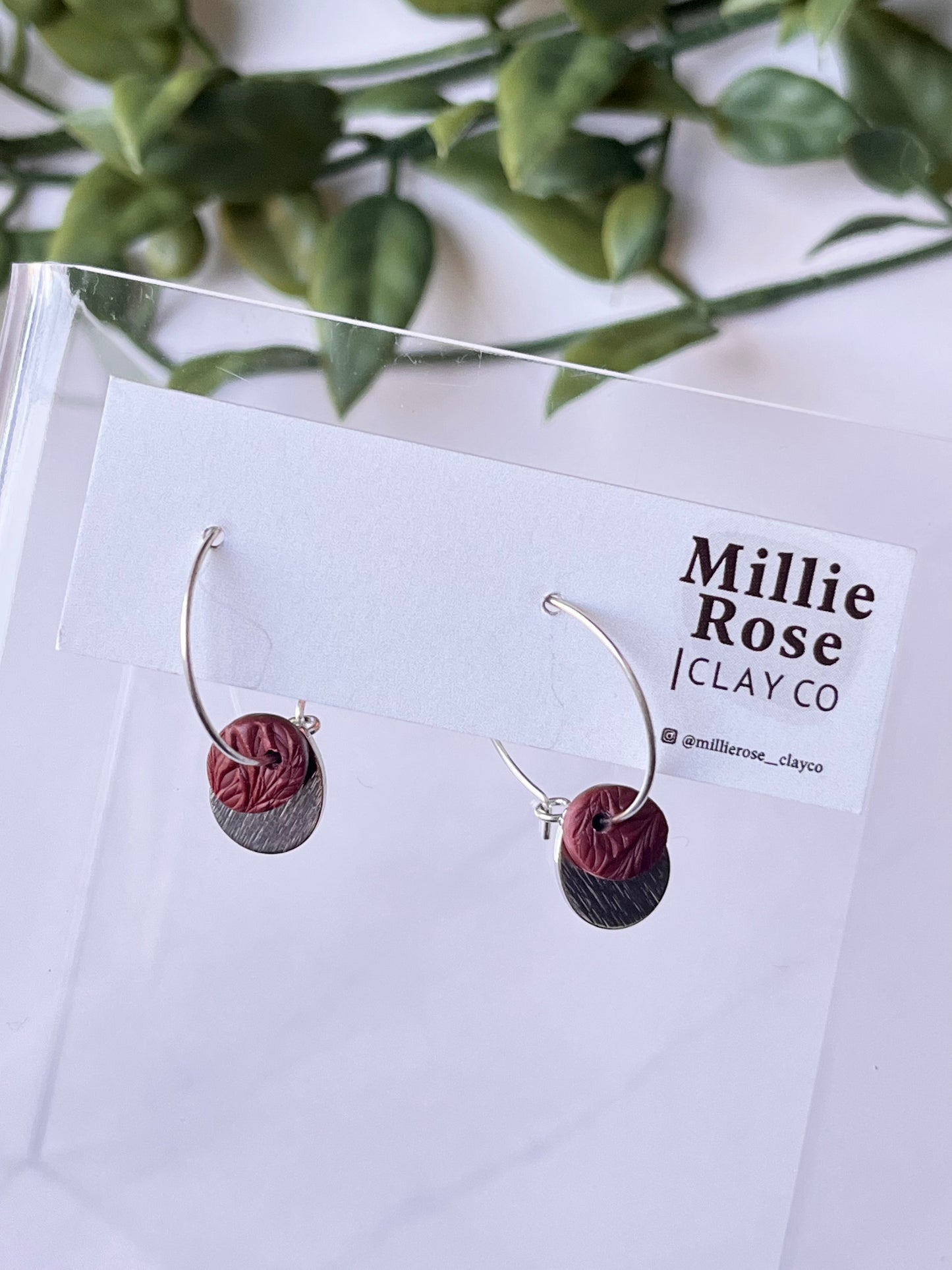Circle Drop & Charm w/ Silver Hoop Dangle (Burgundy)