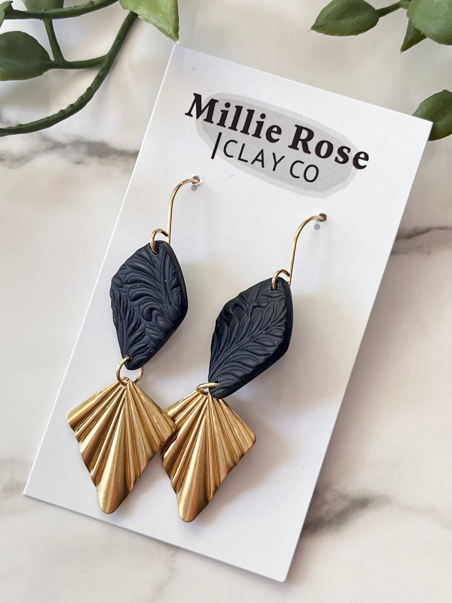 Black Diamond Leaf Textured Hook Dangle w/ Gold Diamond Charm