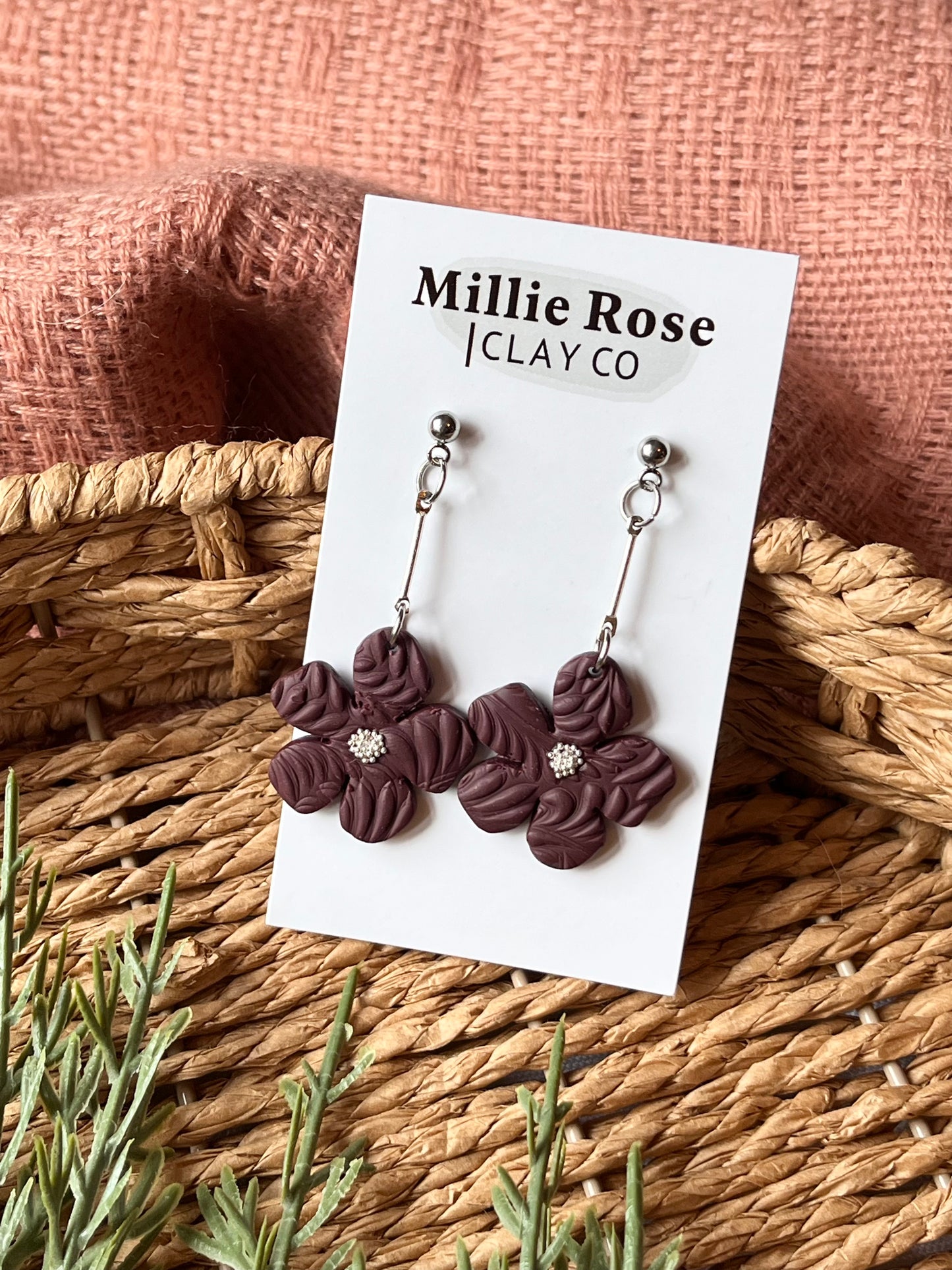 Organic Flower Drop Dangle w/ Silver Ball Stud (Burgundy)