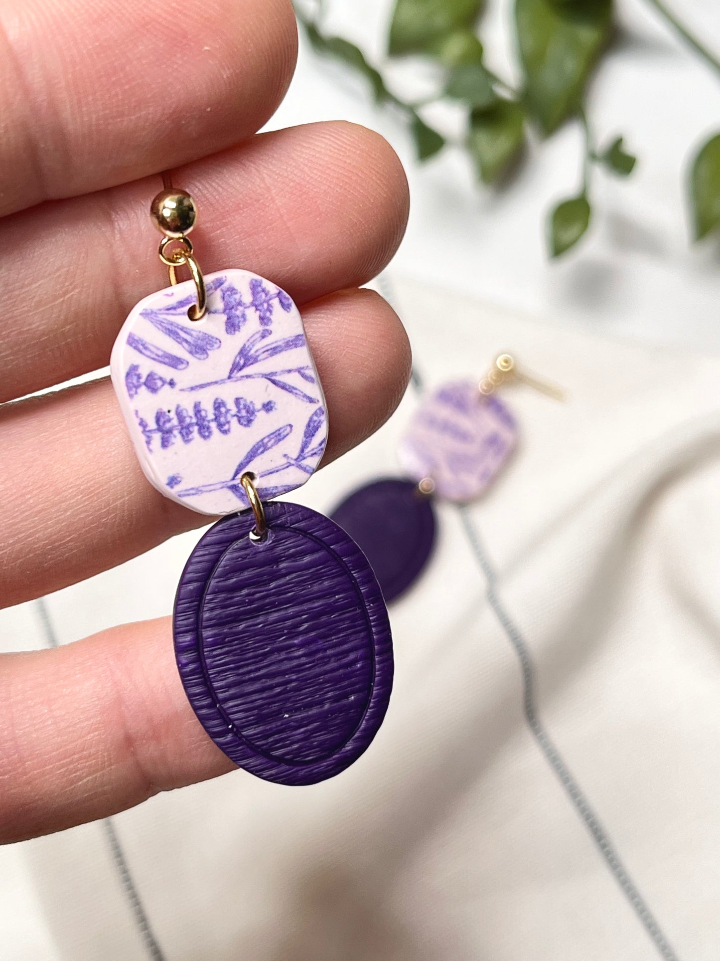 Dark Purple and Lavender Print Geometric Dangle w/ Gold Ball Stud