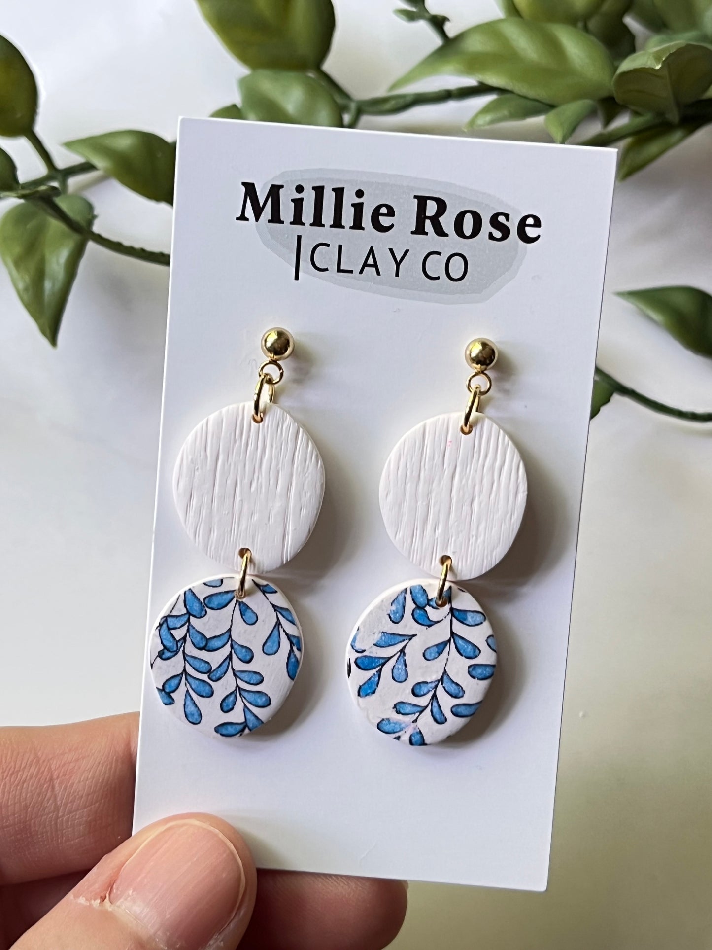 Cream & Blue Vines Stacked Organic Pebble Dangle w/ Gold Ball Stud