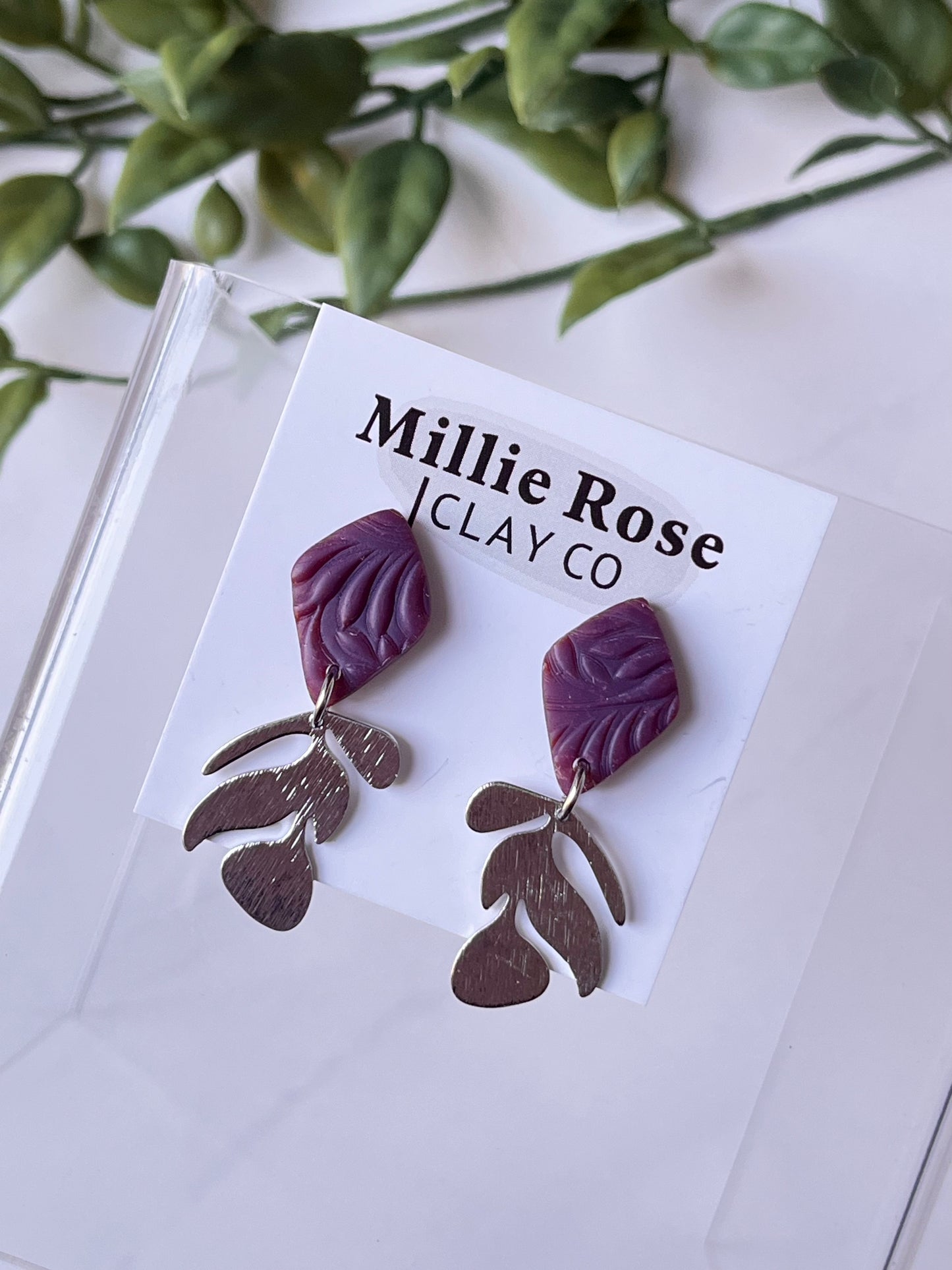 Maple Brown Mini Drop Textured Clay Stud Dangle w/ Silver Brass Charm