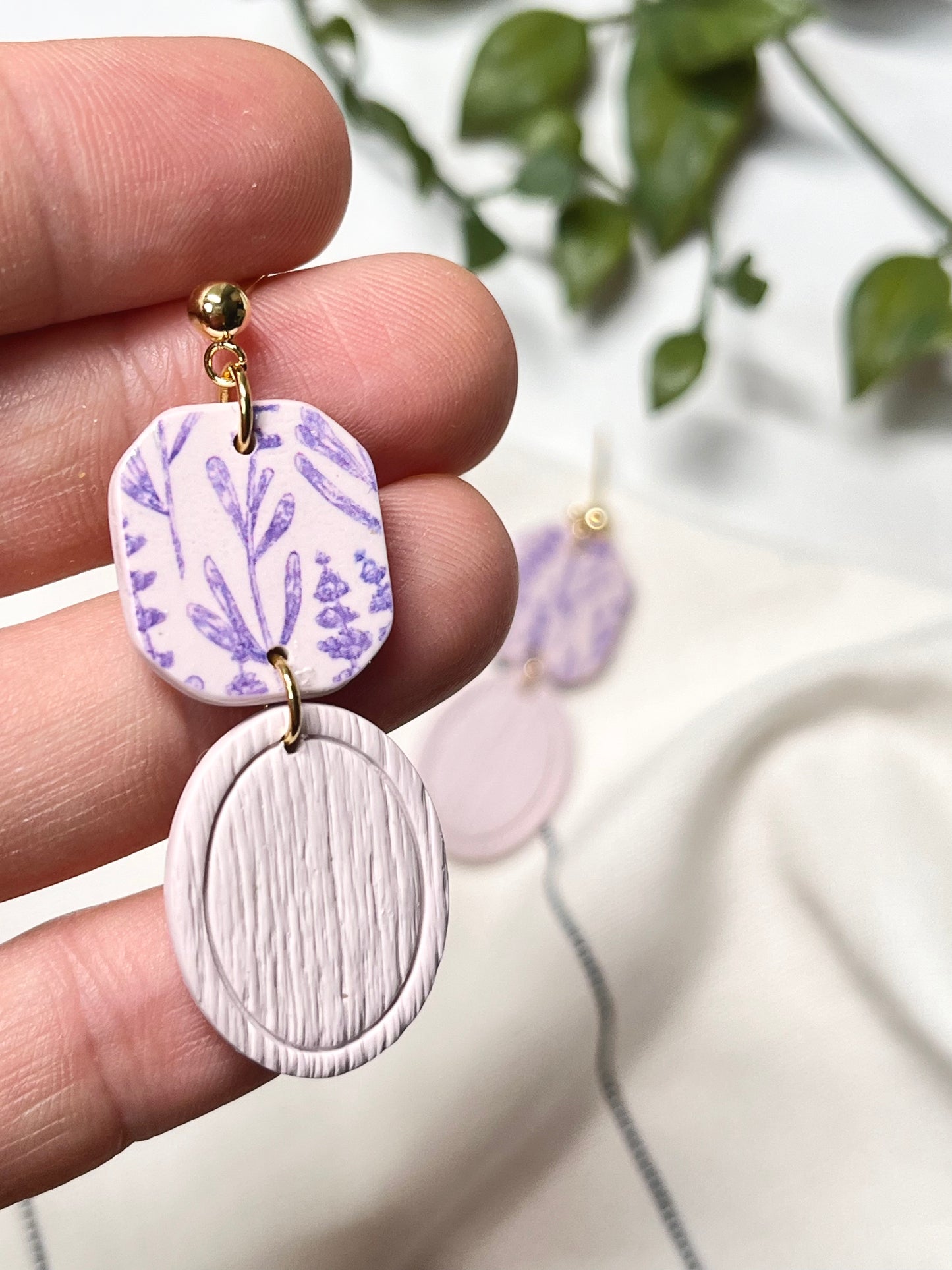 Light Purple and Lavender Geometric Dangle w/ Gold Ball Stud