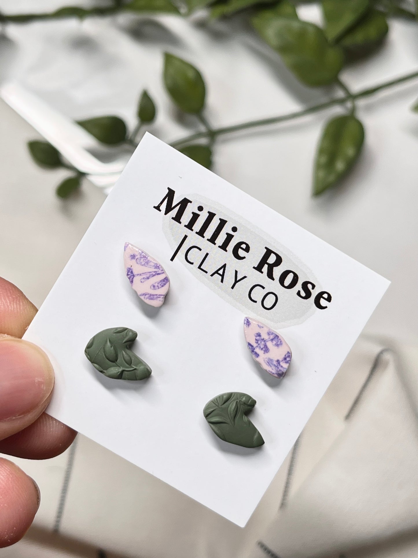 Stud Pack - Lavender Print & Dark Green Leaves