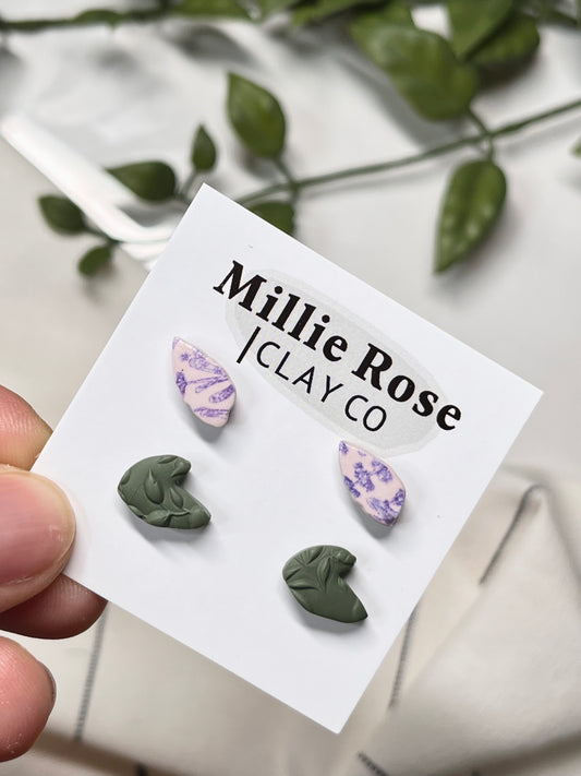 Stud Pack - Lavender Print & Dark Green Leaves