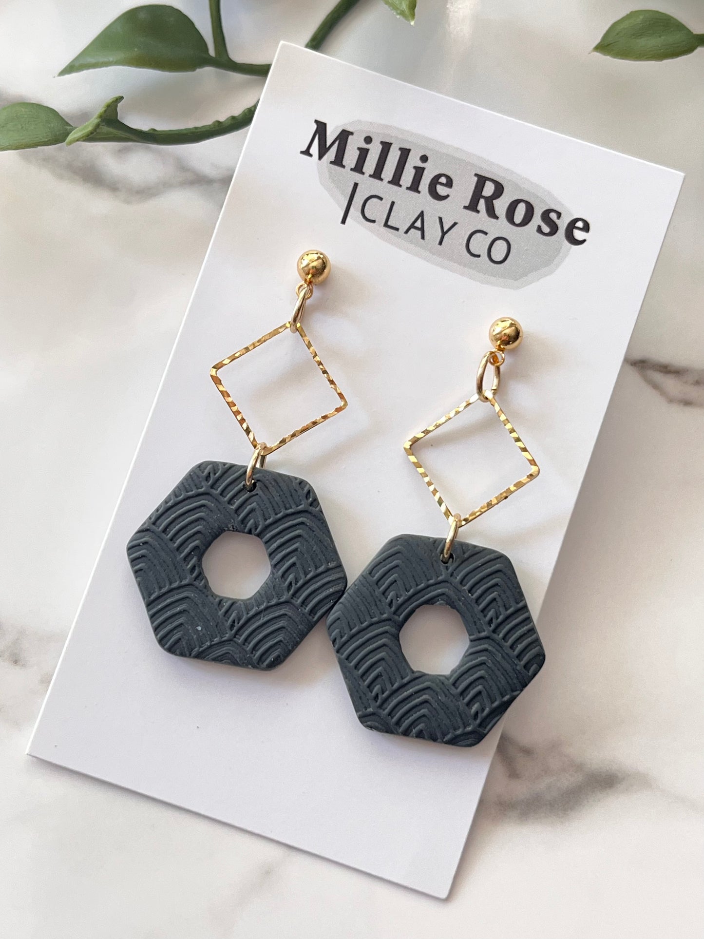 Deep Green Art Deco Stacked Hexagon Dangle w/ Gold Ball Stud