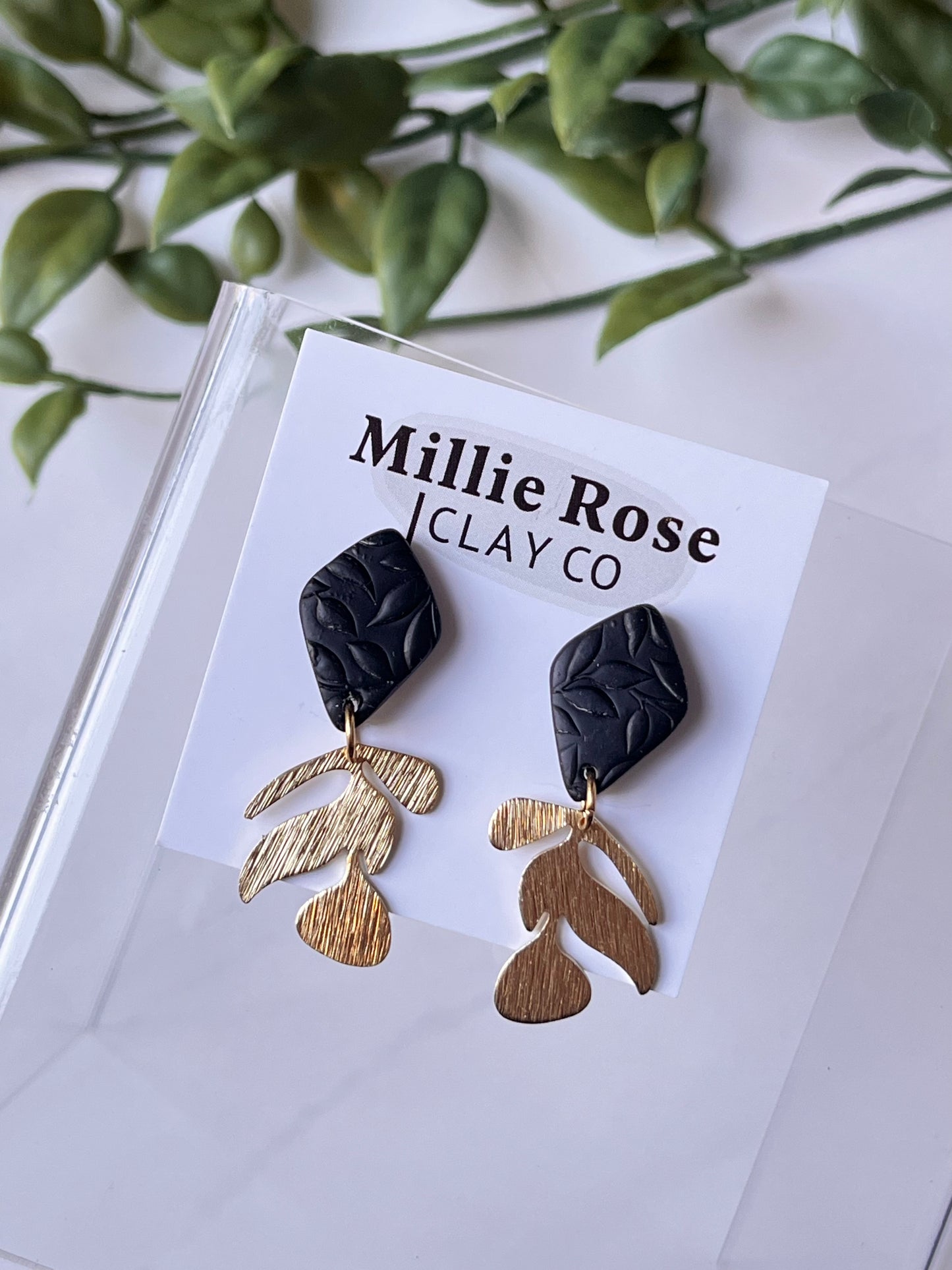 Black Mini Drop Textured Clay Stud Dangle w/ Gold Brass Charm