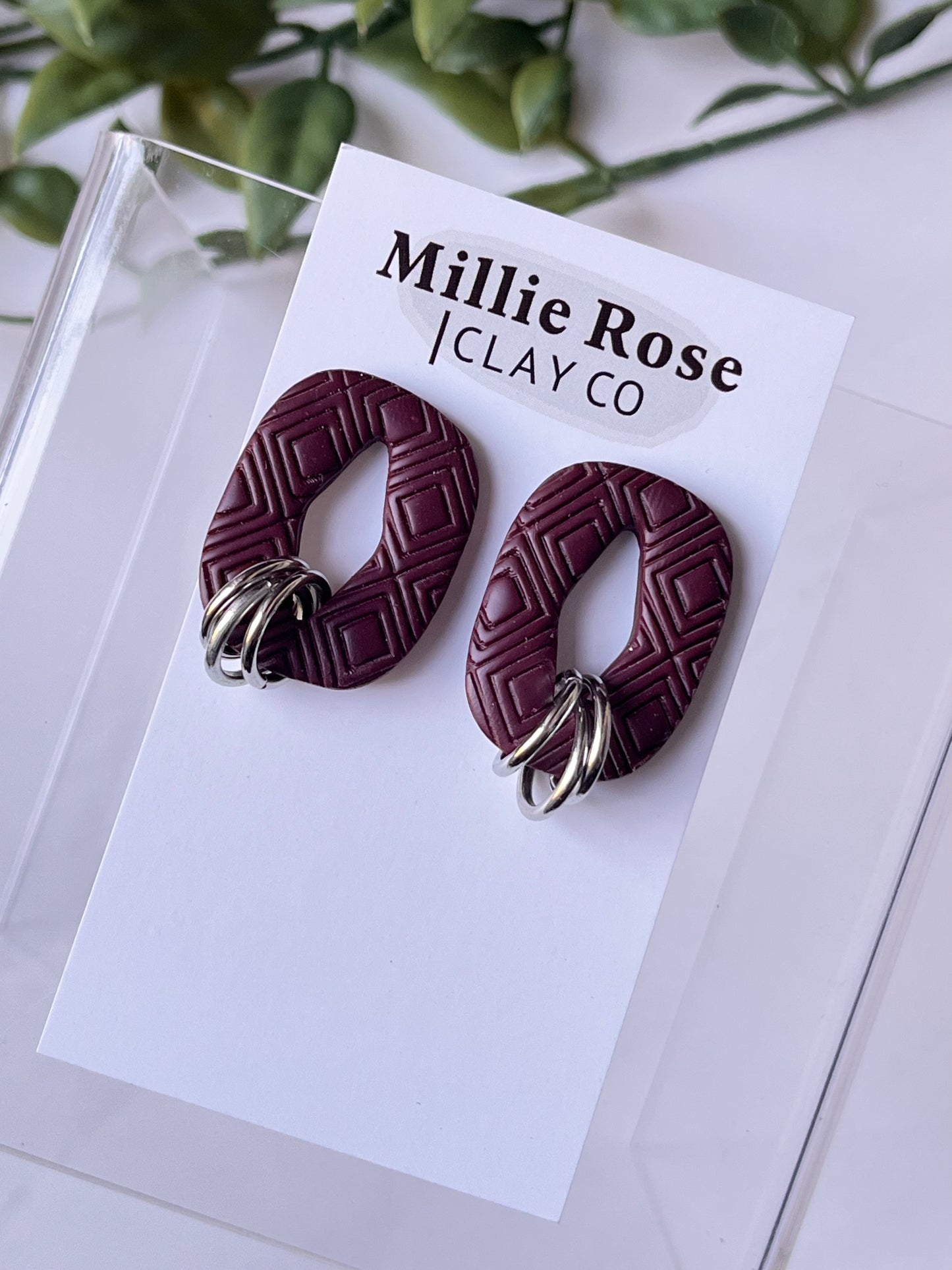 Diamond Texture Stud Dangle w/ Oversized Silver Rings (Burgundy)