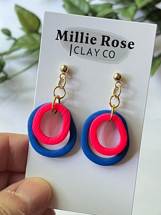 Organic Clay Rings w/ Gold Ball Stud (Cobalt & Florescent Pink)