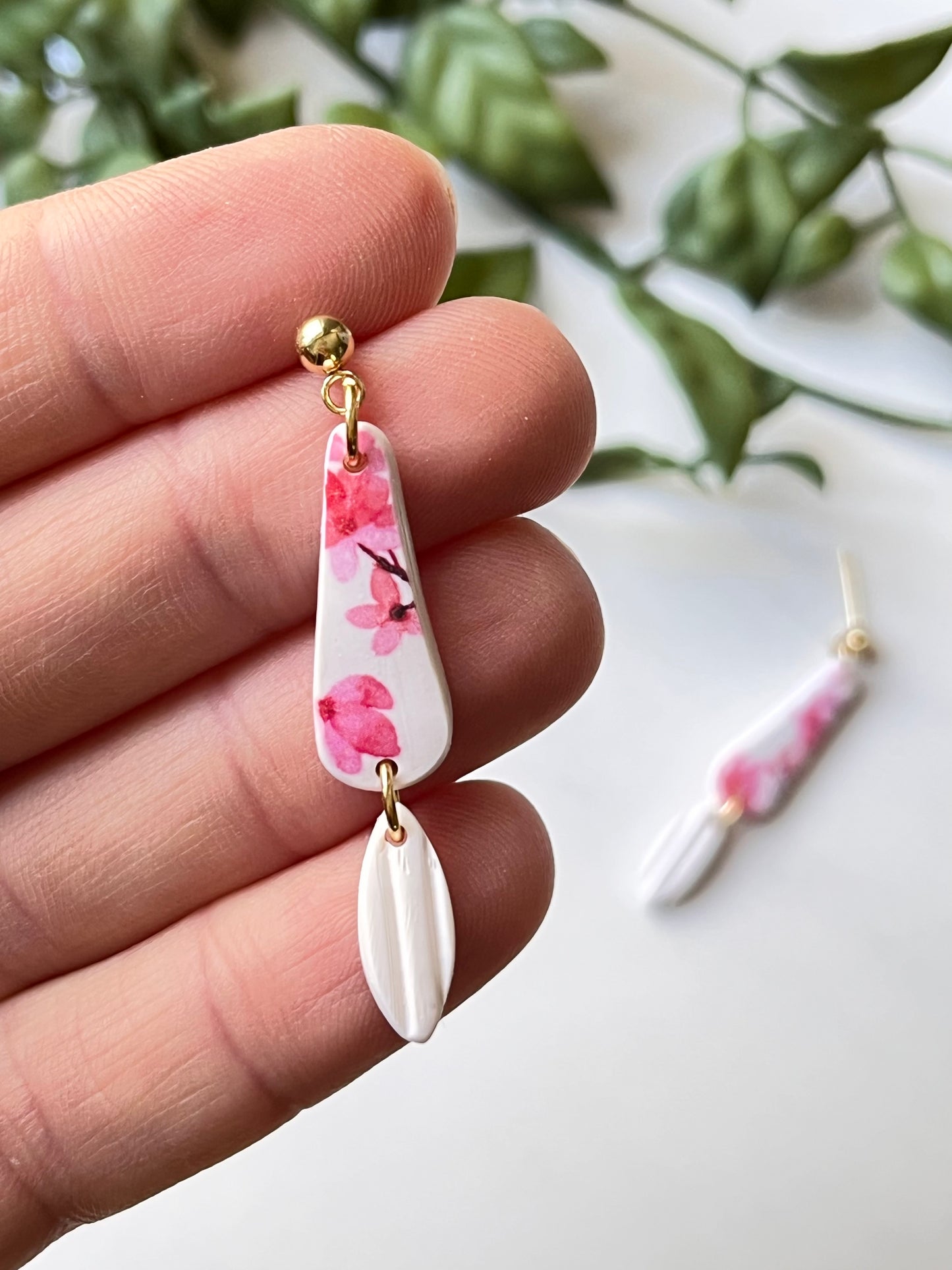 Cherry Blossom Leaf Dangle w/ Gold Ball Stud