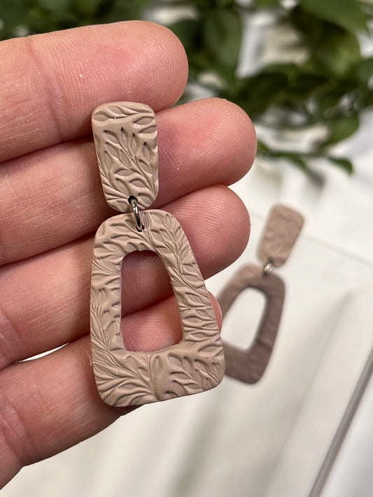 Taupe Leaf Texture Trapezoid Dangle w/ Clay Stud (Silver)