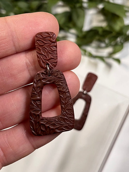 Burgundy Leaf Texture Trapezoid Dangle w/ Clay Stud (Silver)